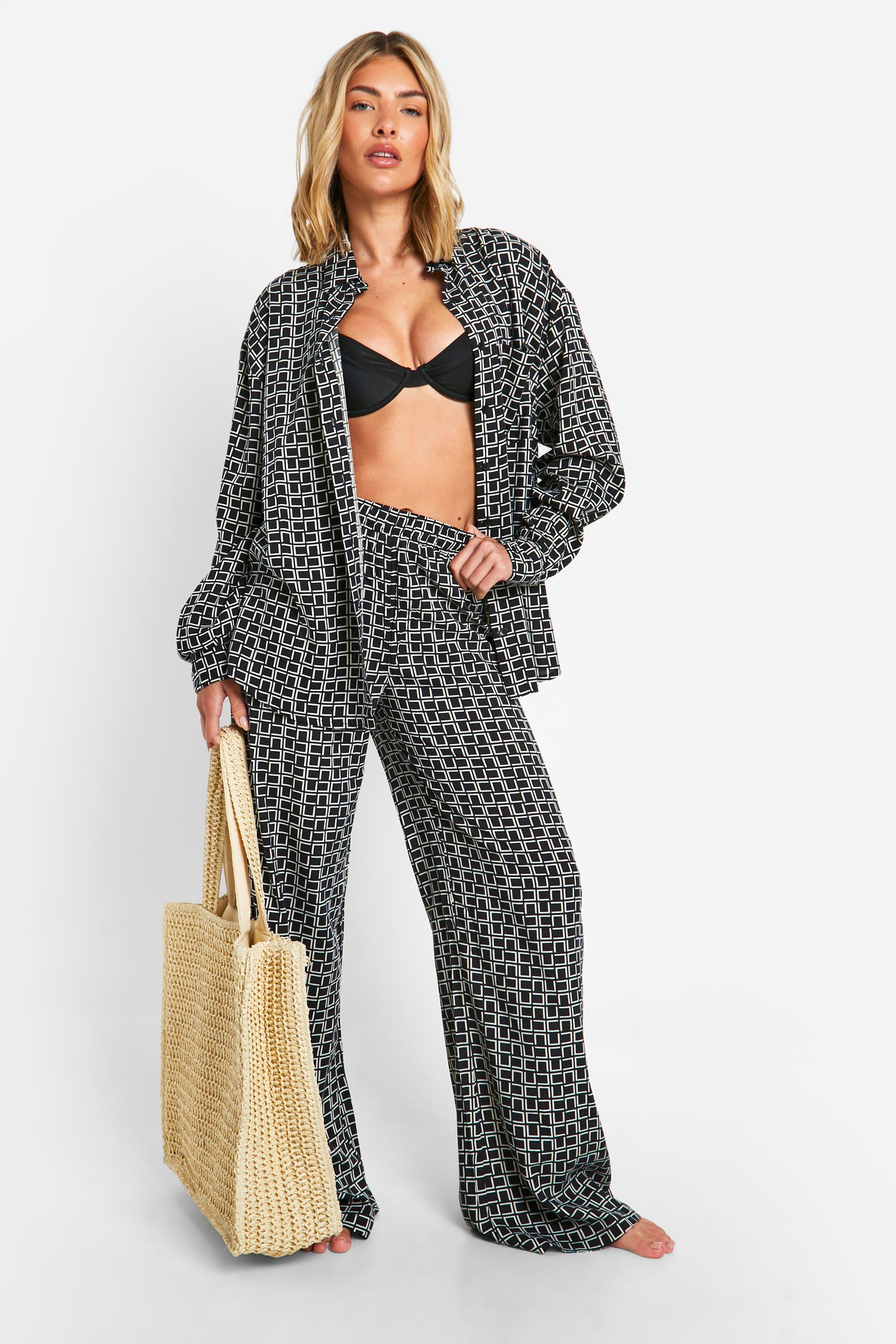 Image of Geo Printed Oversized Shirt And Trouser Beach Co-ord, Nero
