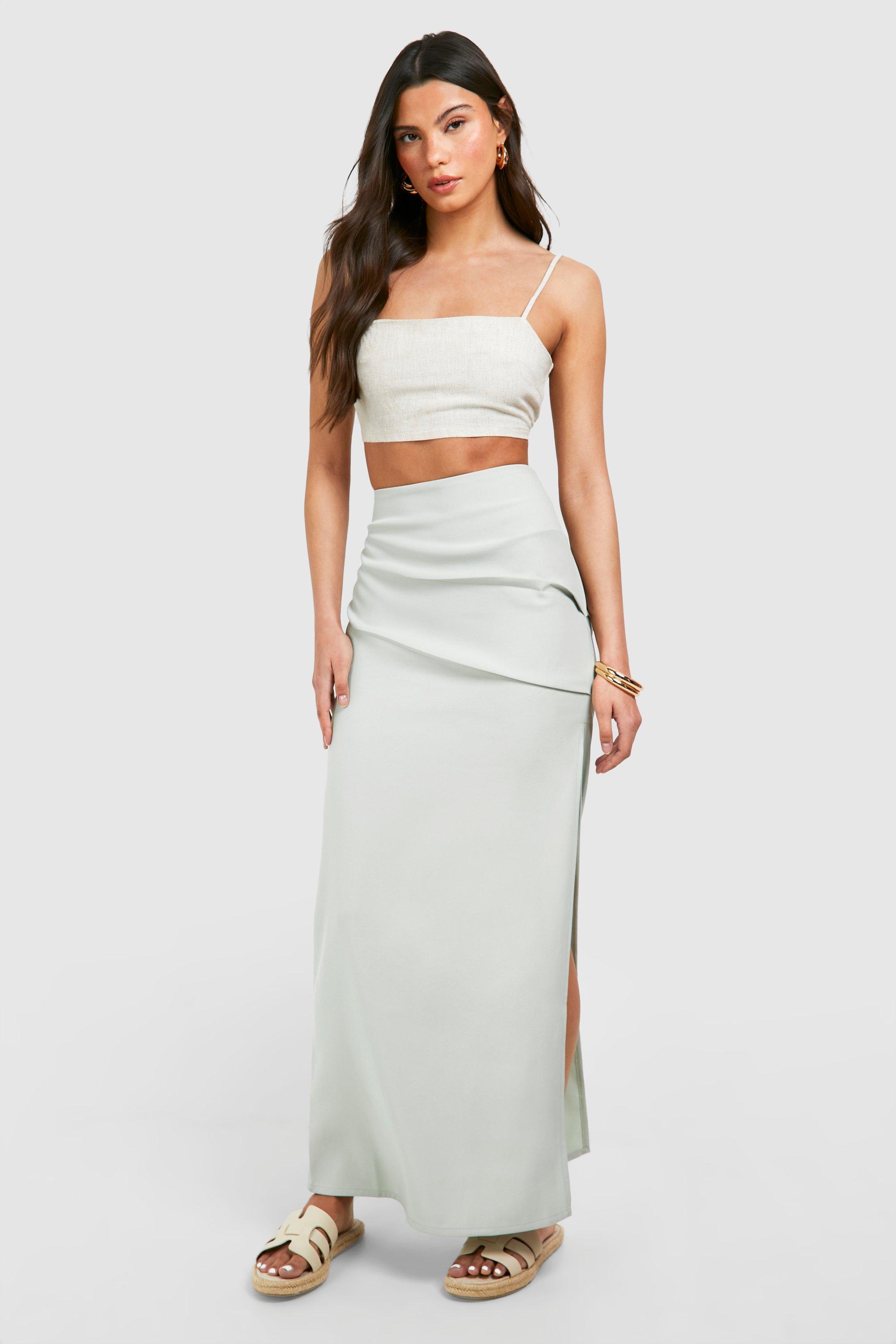 Boohoo Geplooide Low Rise Maxi Rok, Sage