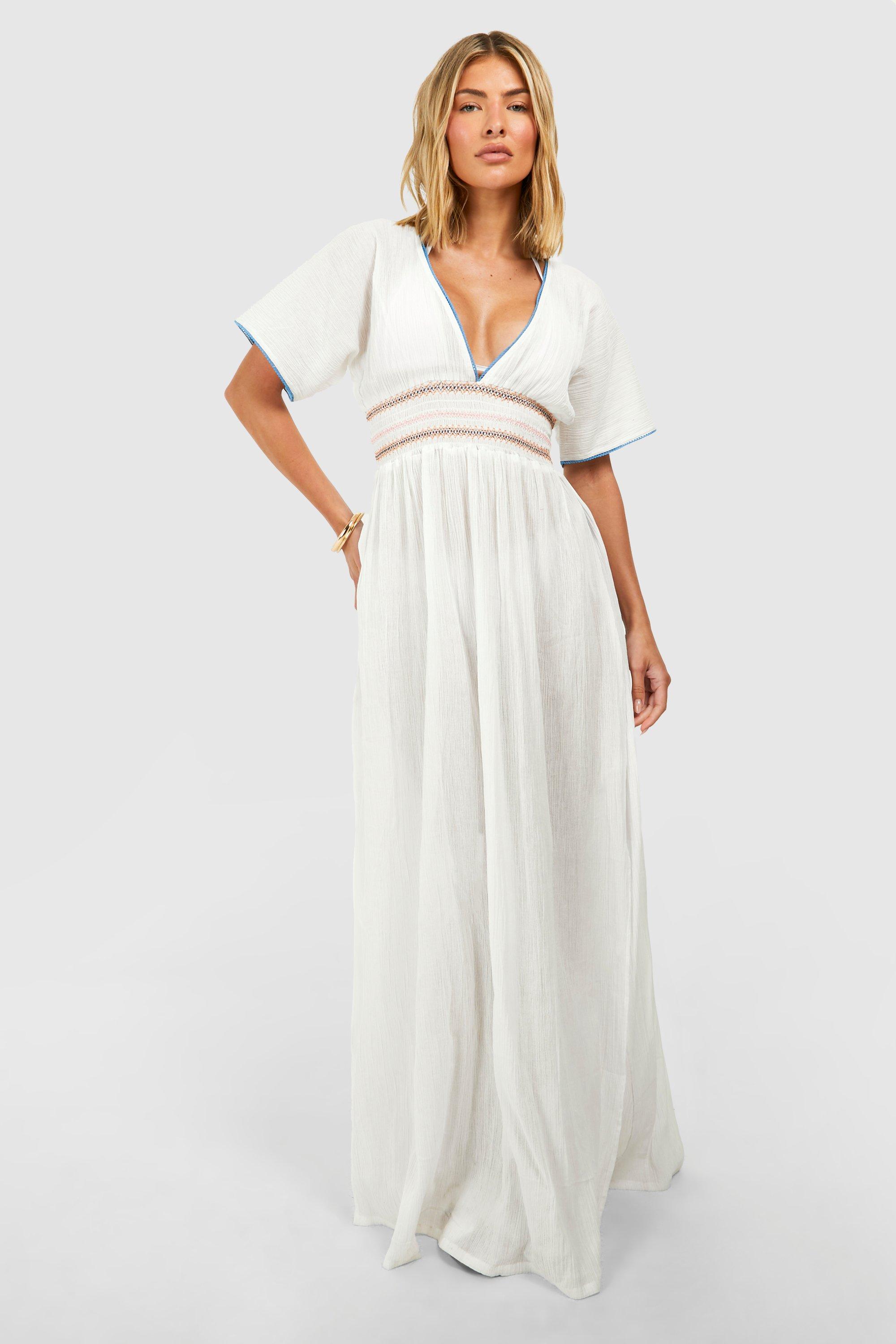 Image of Embroidered Crinkle Beach Maxi Dress, Bianco