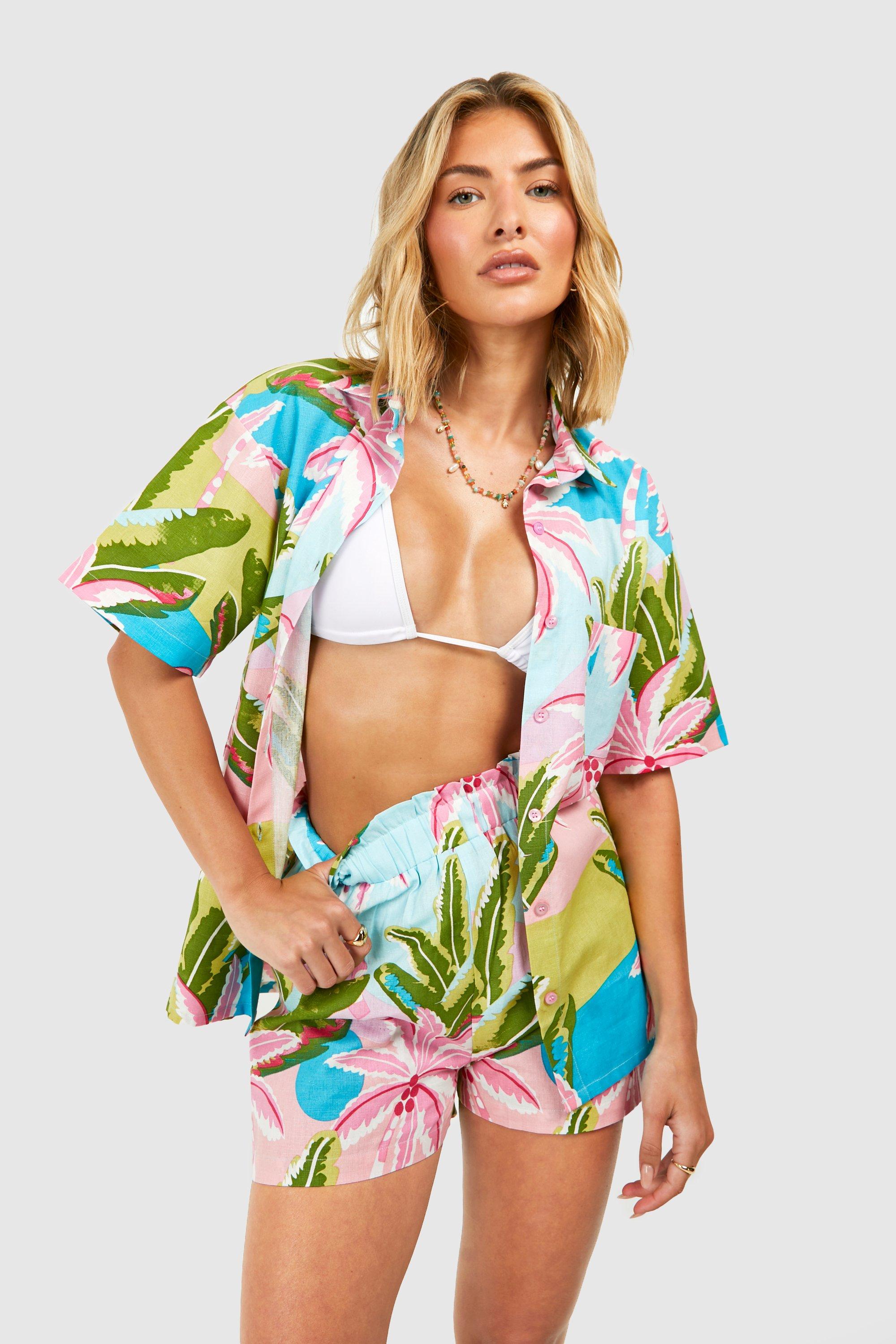 Image of Tropical Linen Look Shirt & Short Beach Co-ord, Pink