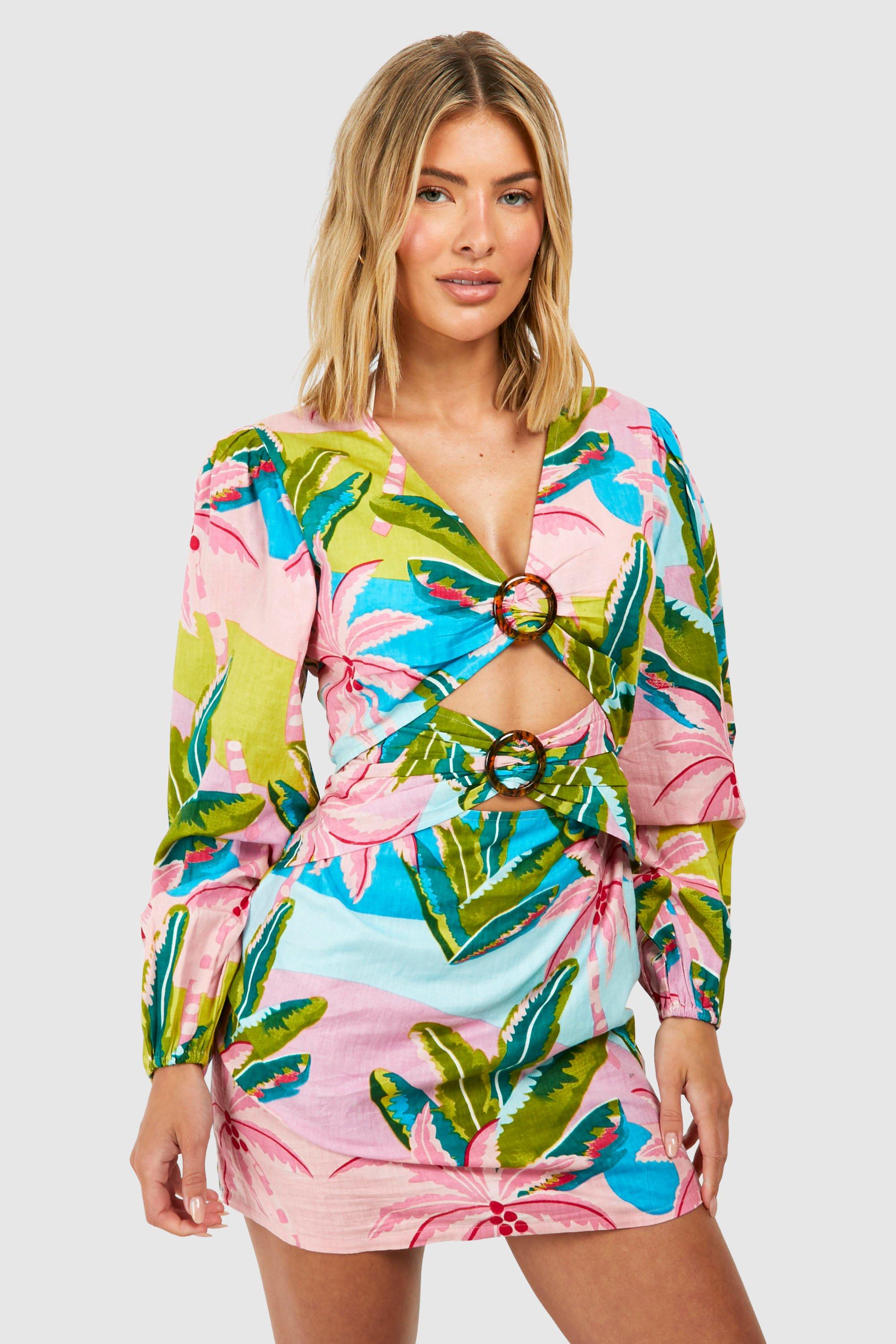 Image of Tropical Linen Look O-rings Beach Mini Dress, Pink