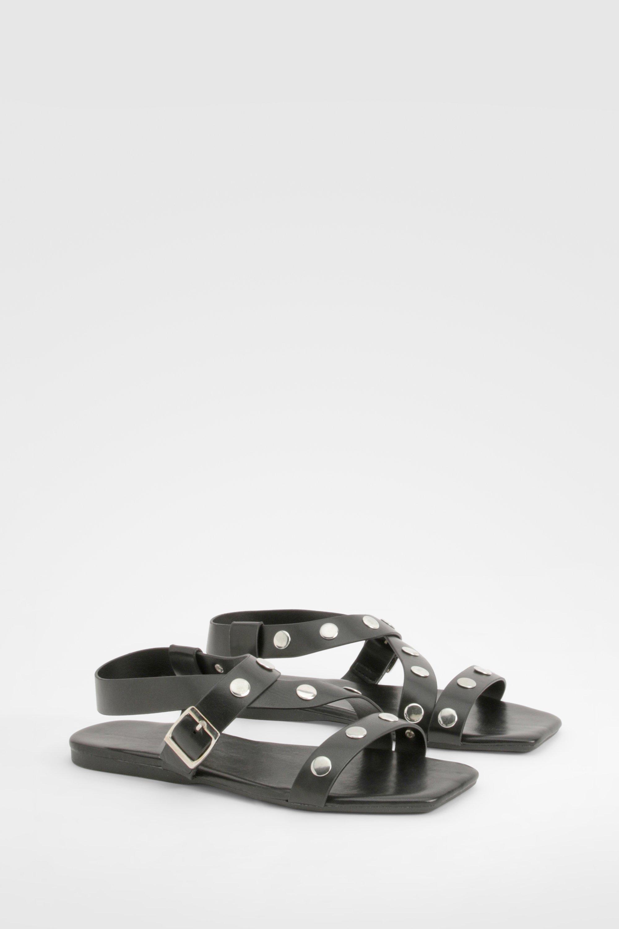 Image of Wide Fit Stud Crossover Sandals, Nero