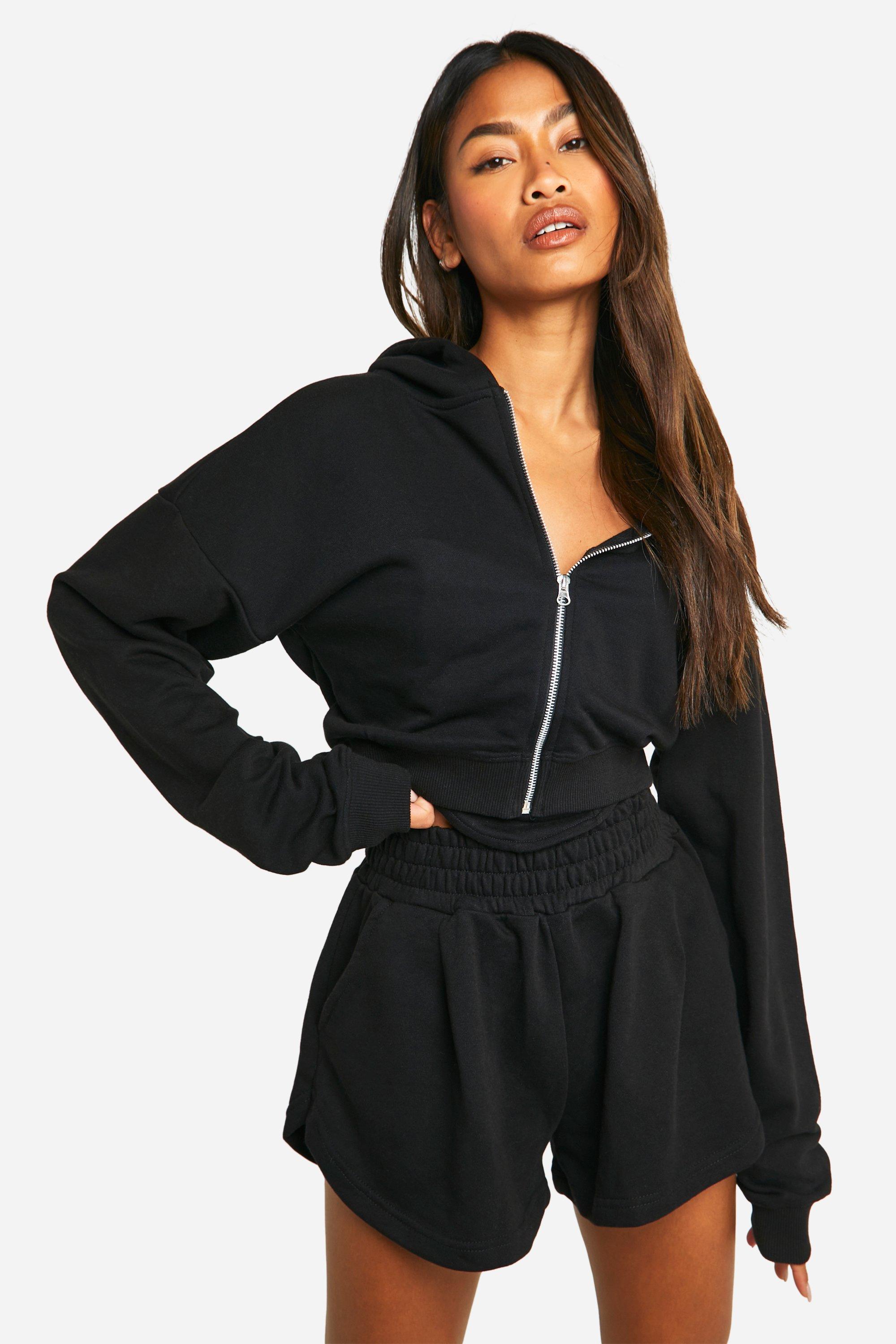 Womens 3 Piece Corset Top Zip Through Hooded Short Tracksuit - Black - M, Black