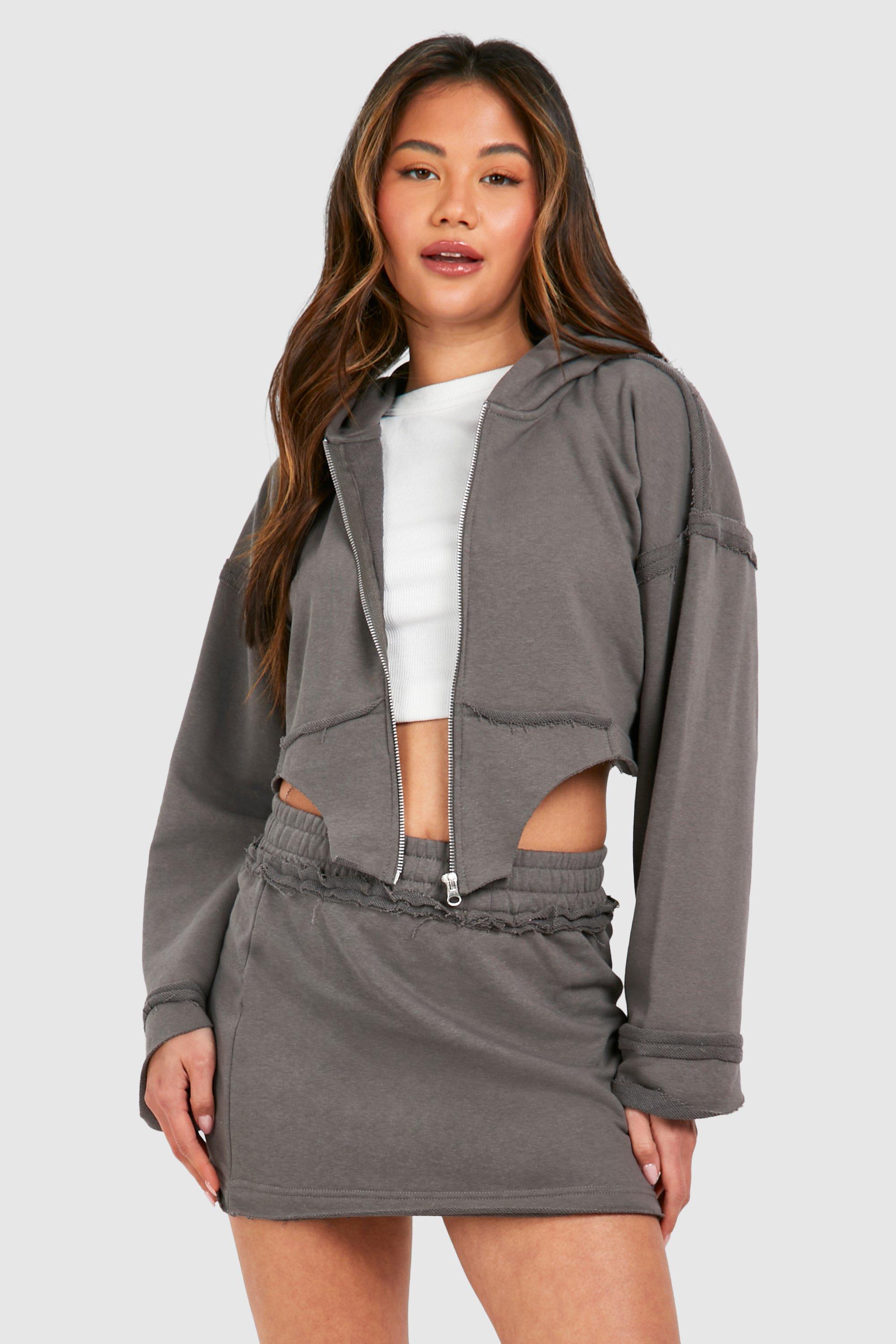 Image of Corset Hem Zip Through Hooded And Sweat Skirt Set, Grigio