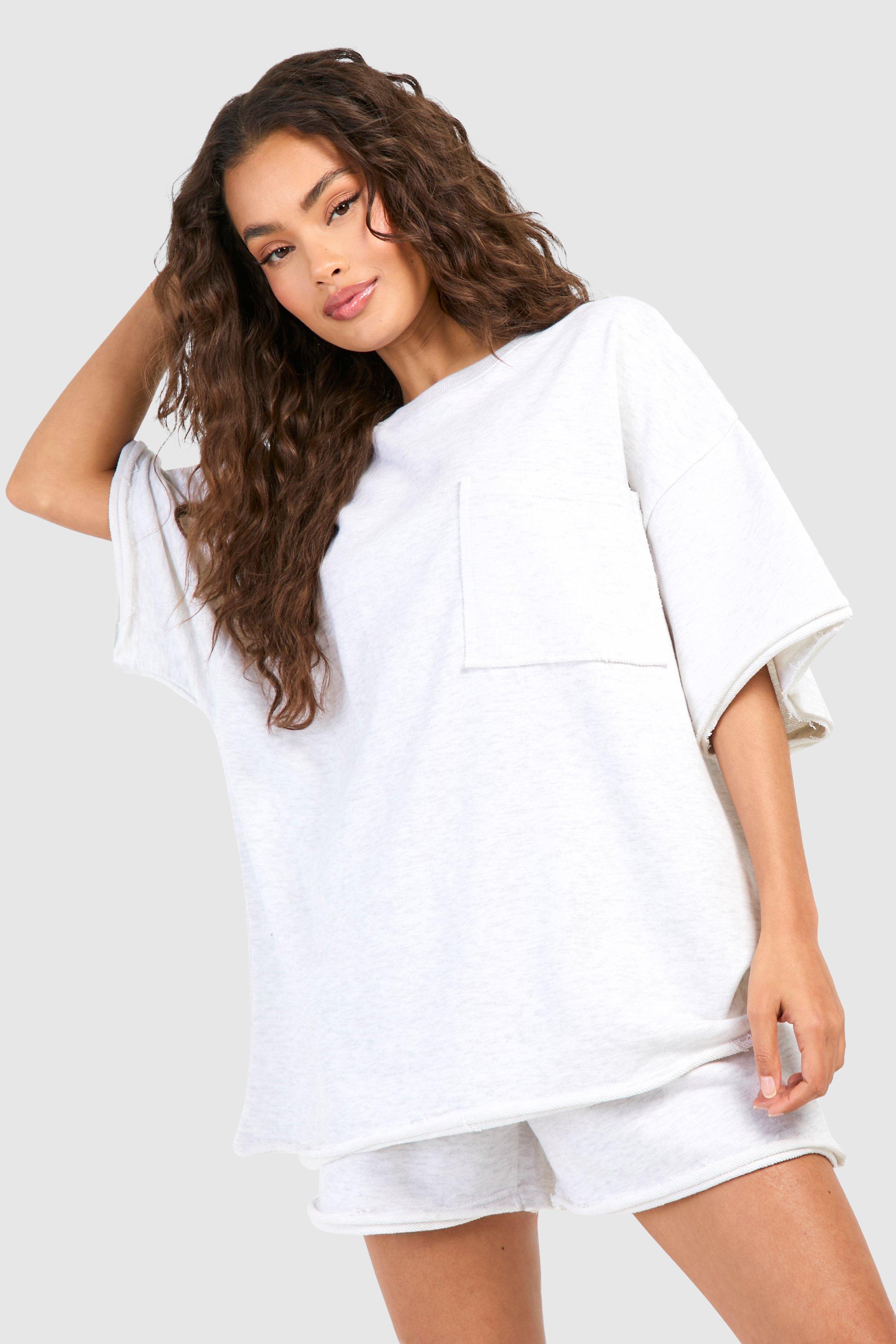 Image of Short Sleeve Pocket Detail Oversized Sweatshirt And Short Set, Grigio