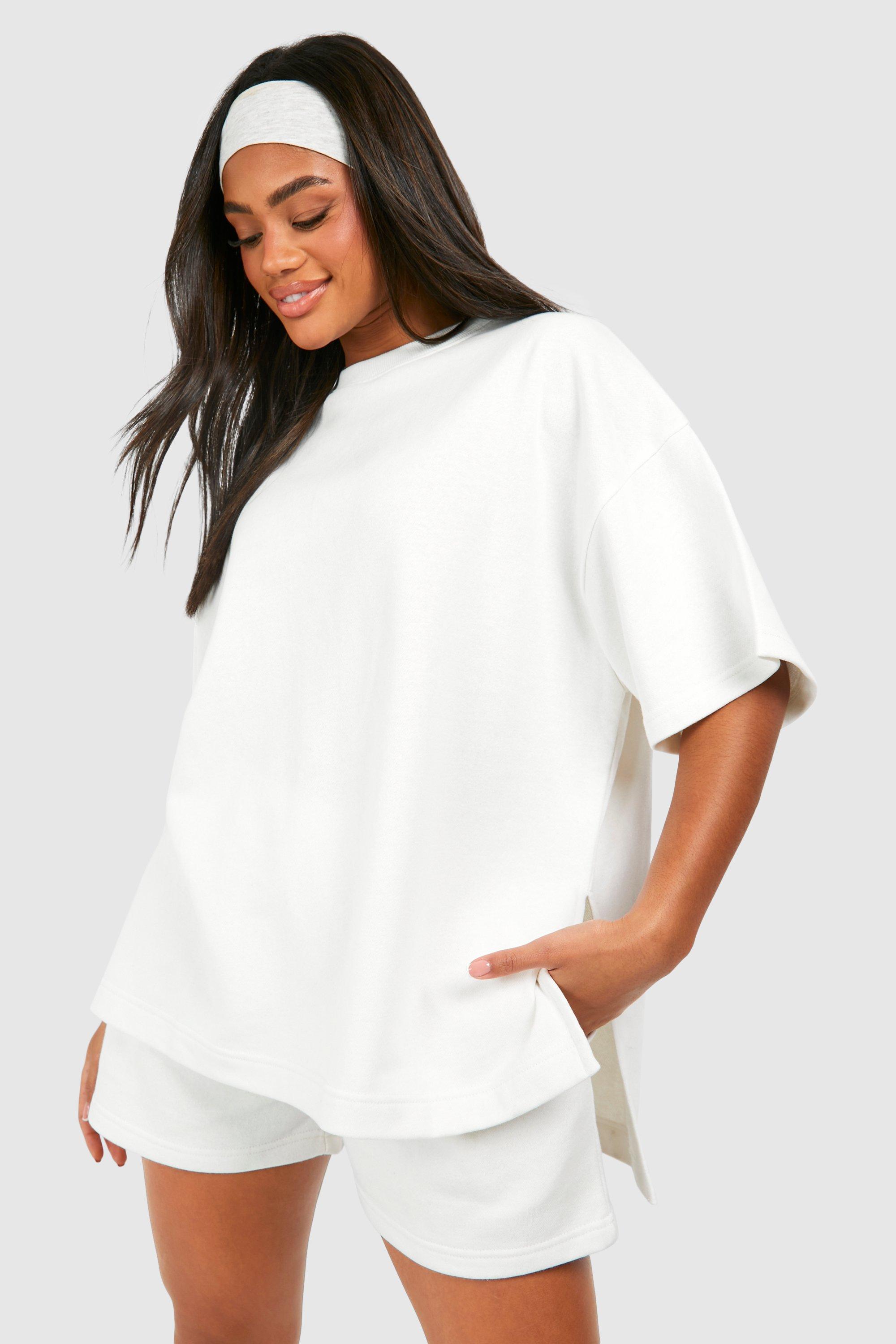 Image of Oversized Split Side T-shirt And Longline Sweat Short, Cream