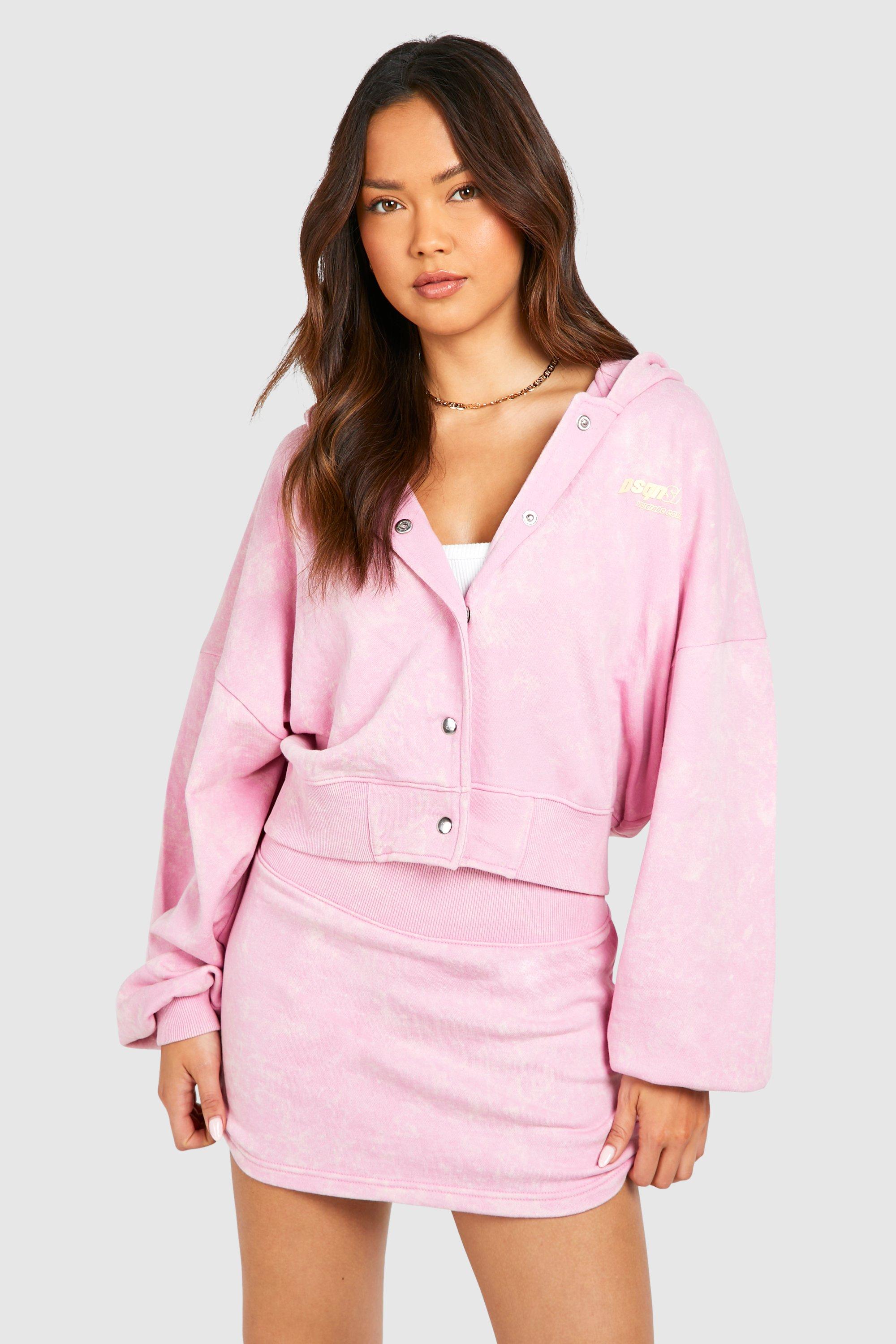 Image of Popper Detail Bomber Hoodie And Sweat Skirt Set, Pink