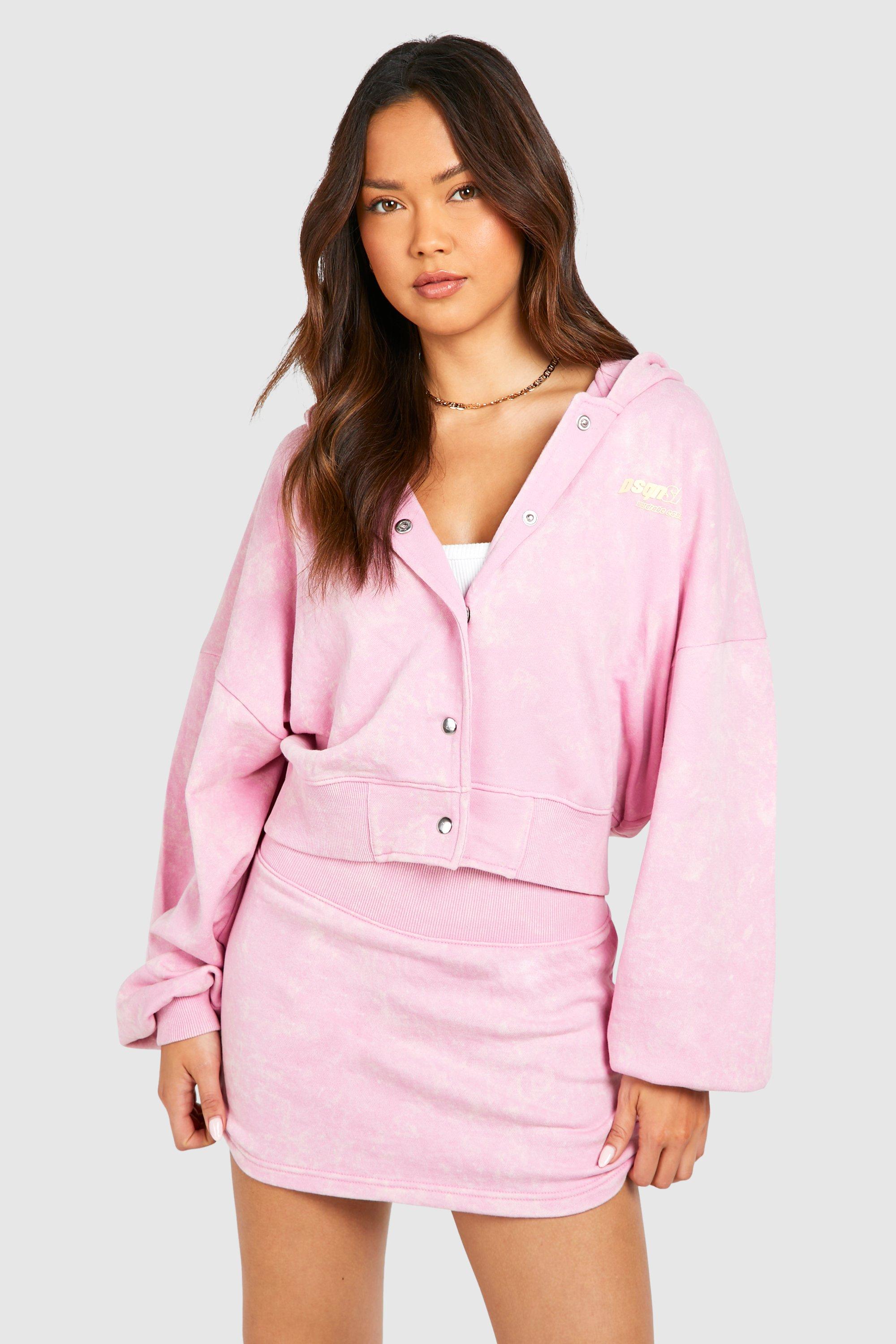 Womens Popper Detail Bomber Hoodie And Sweat Skirt Set - Pink - Xl, Pink