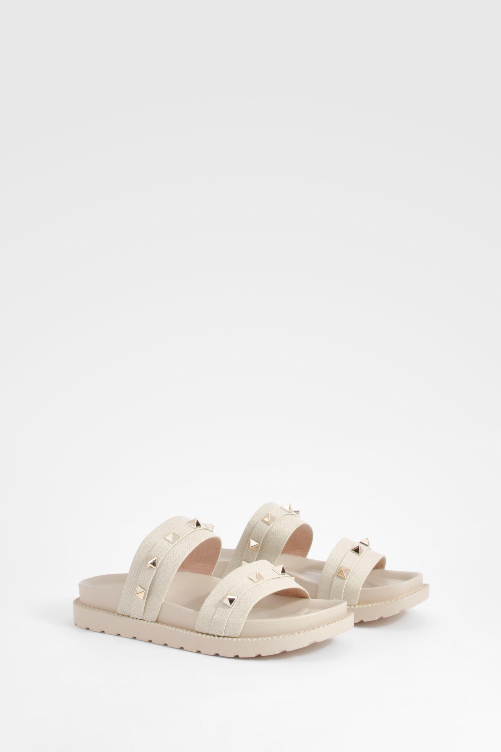 Image of Stud Detail Double Strap Sliders, Bianco