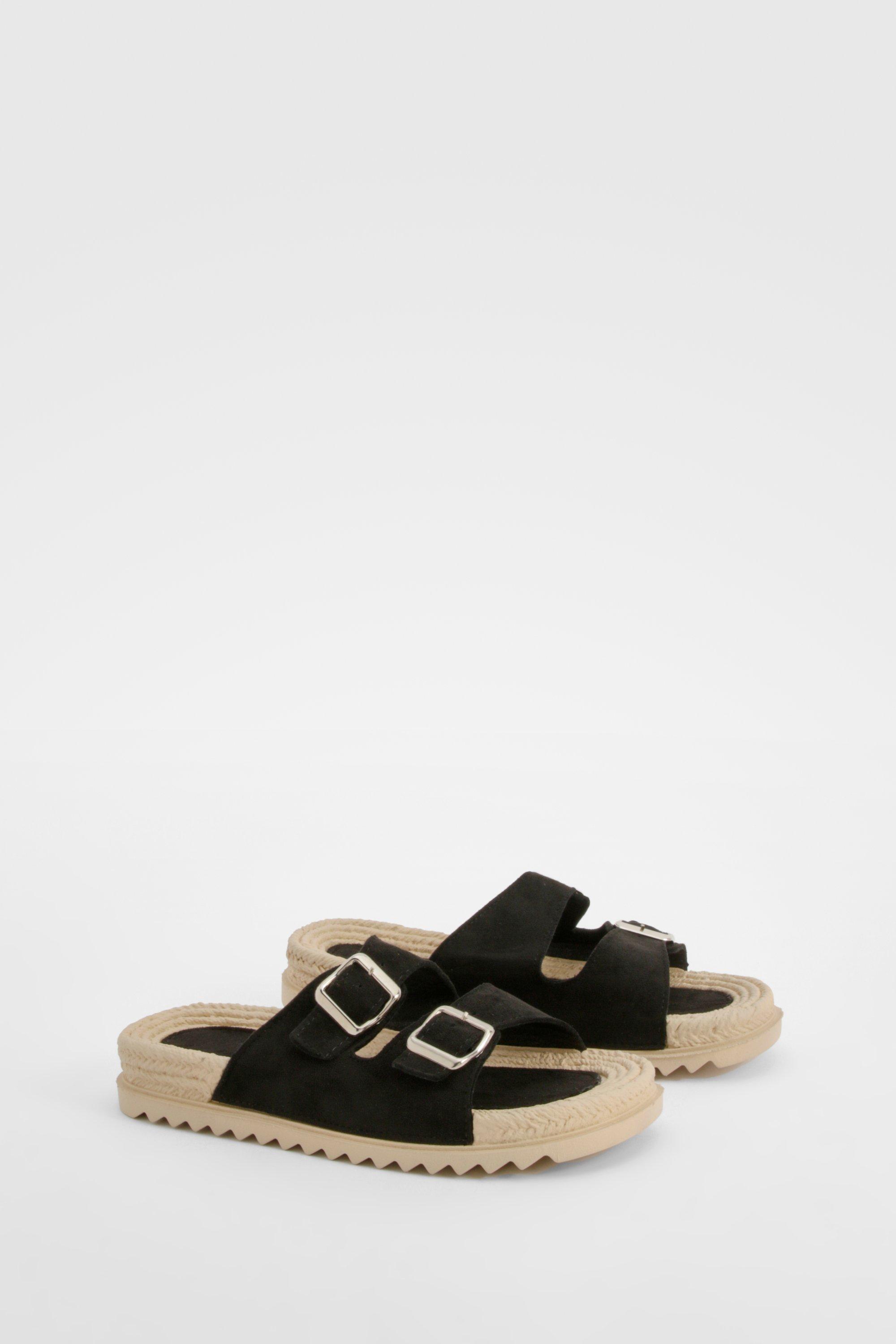 Image of Double Strap Buckle Detail Espadrille Sliders, Nero