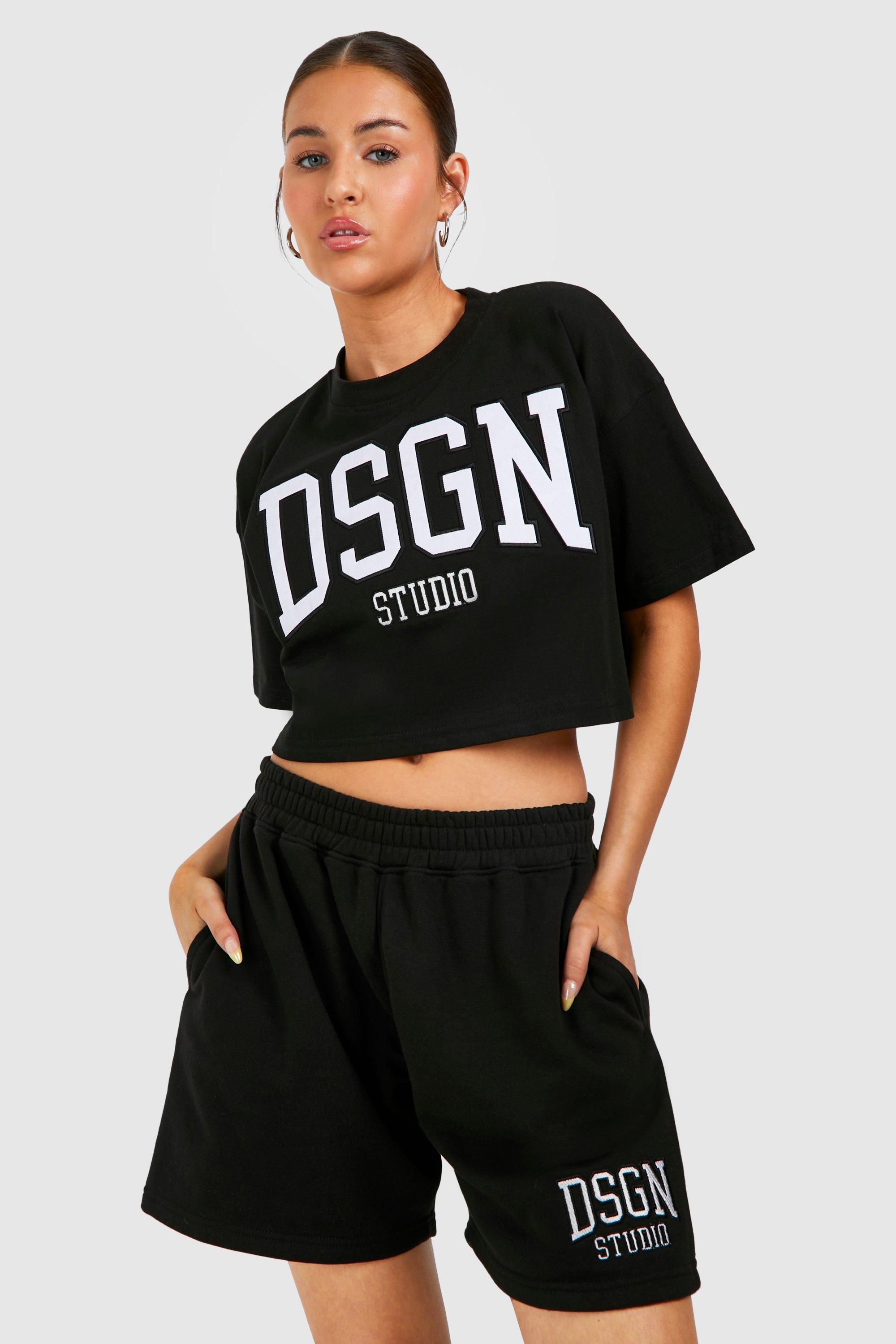 Image of Dsgn Studio Applique Crop T-shirt And Short Set, Nero