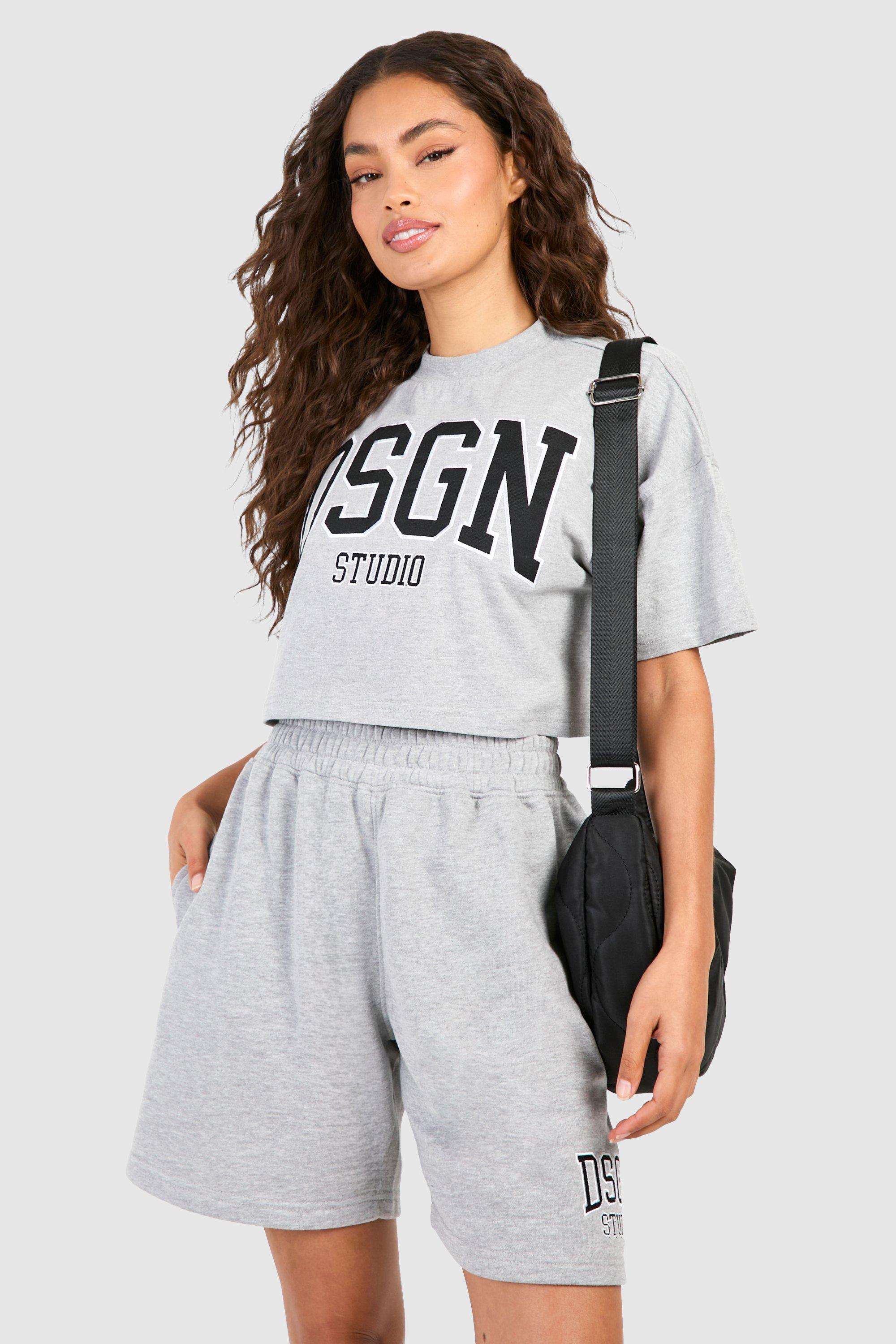 Image of Dsgn Studio Applique Crop T-shirt And Short Set, Grigio