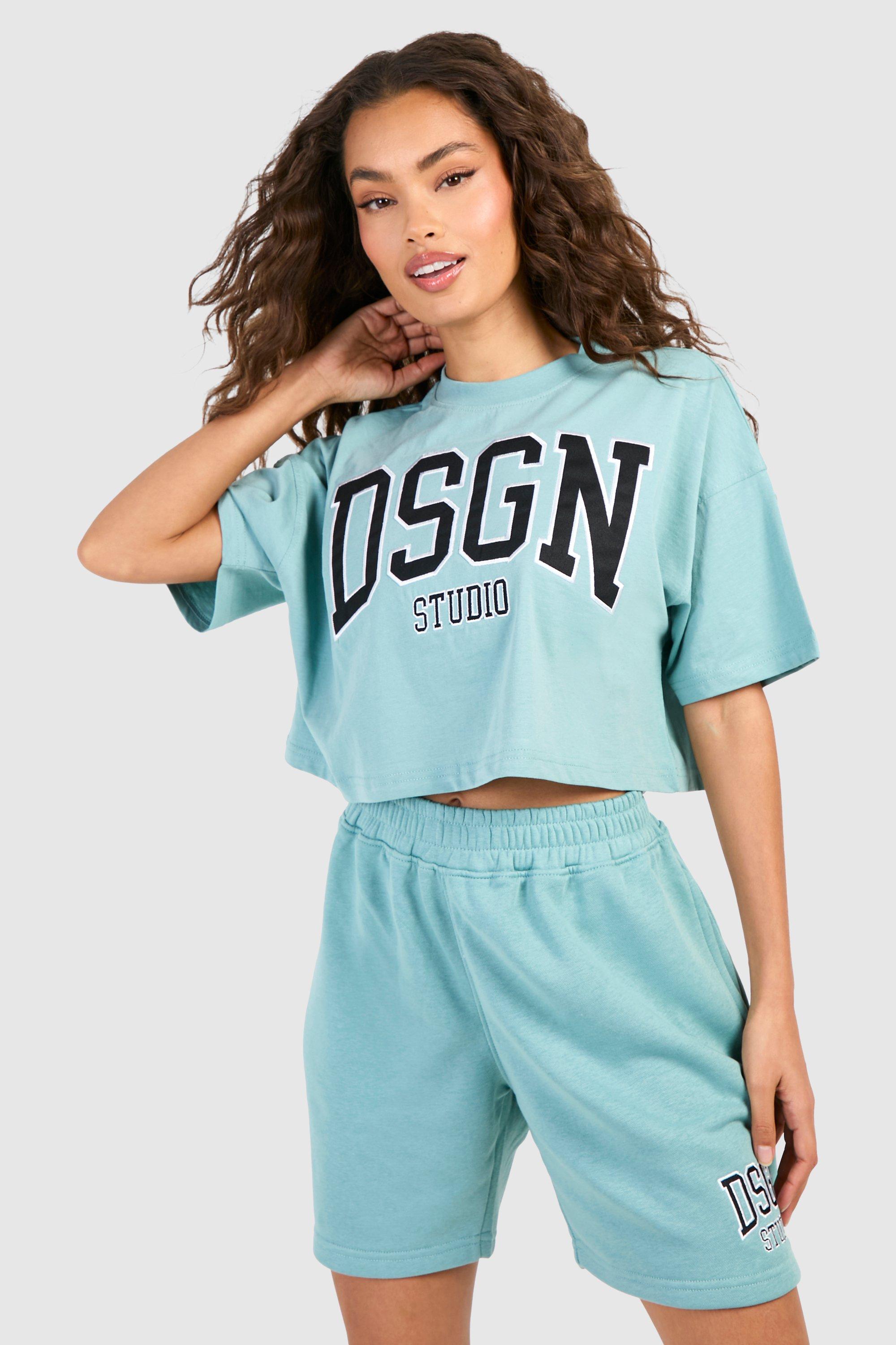 Image of Dsgn Studio Applique Crop T-shirt And Short Set, Azzurro