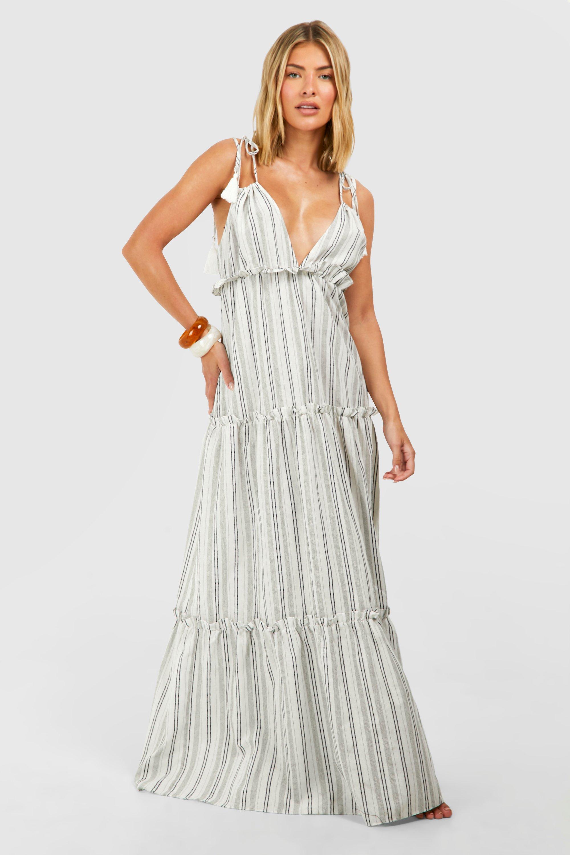 Boohoo Linen Look Stripe Beach Maxi Smock Dress, White