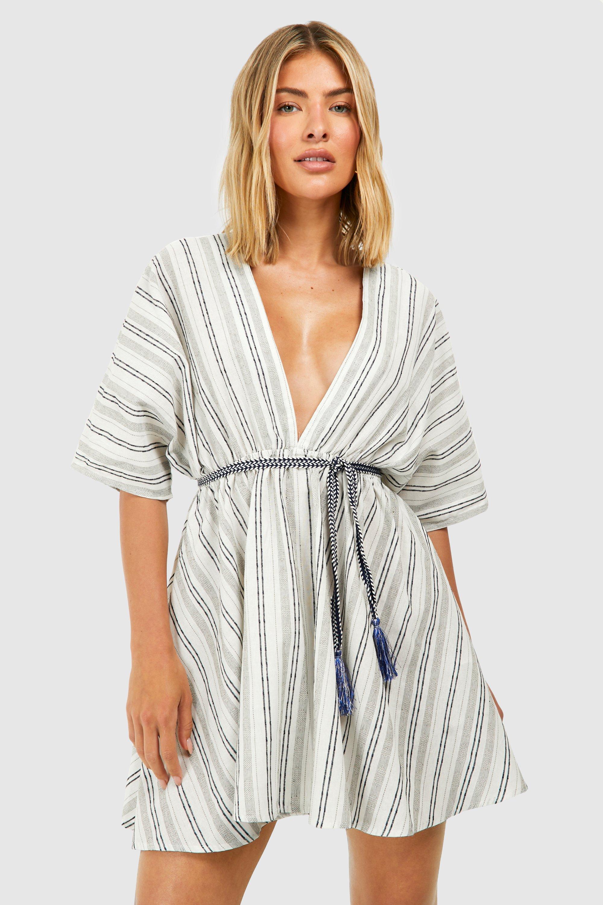 Boohoo Gestreepte Linnen Look Strand Kaftan Met Touwen Riem, White