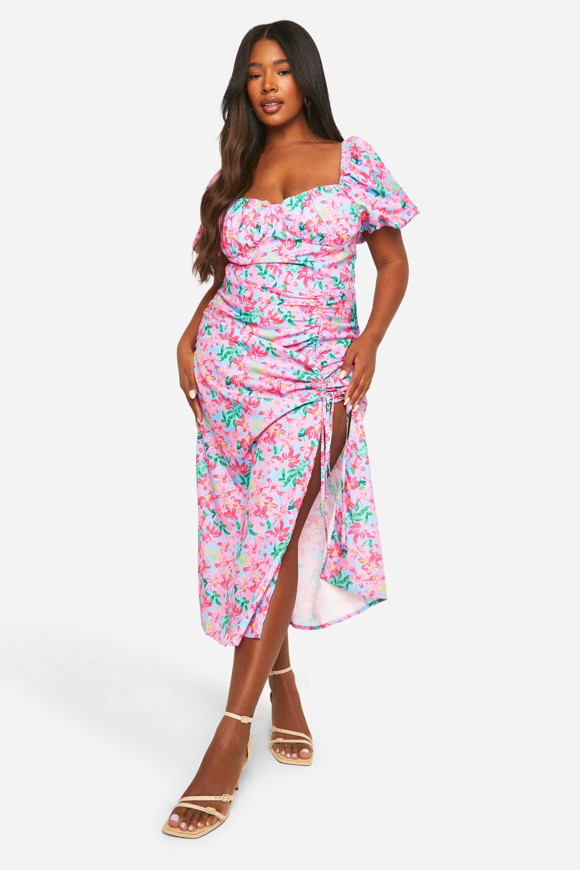 Boohoo Plus Woven Ditsy Floral Ruched Midaxi Dress, Pink