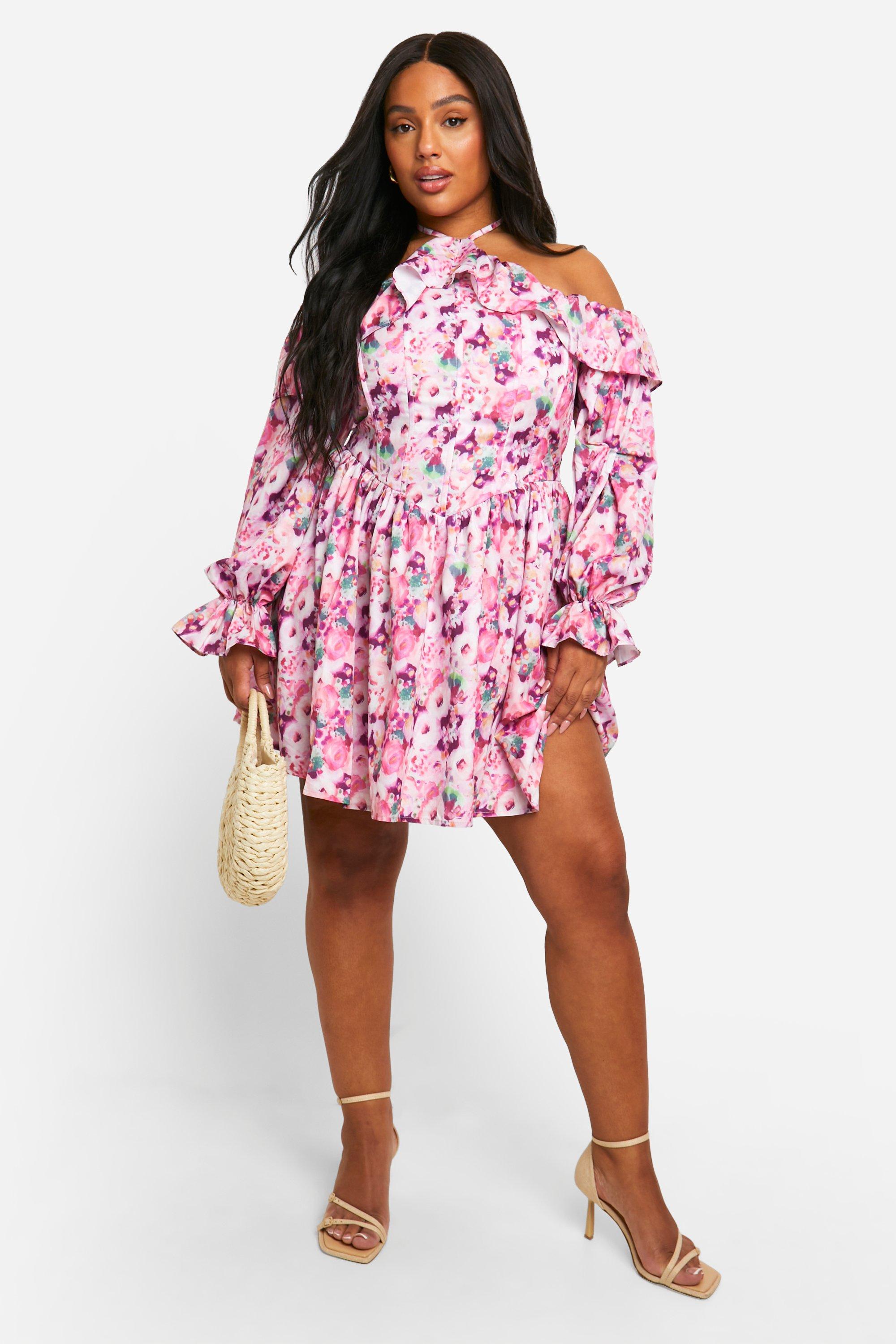 Boohoo Plus Woven Milkmaid Button Down Skater Dress, Pink