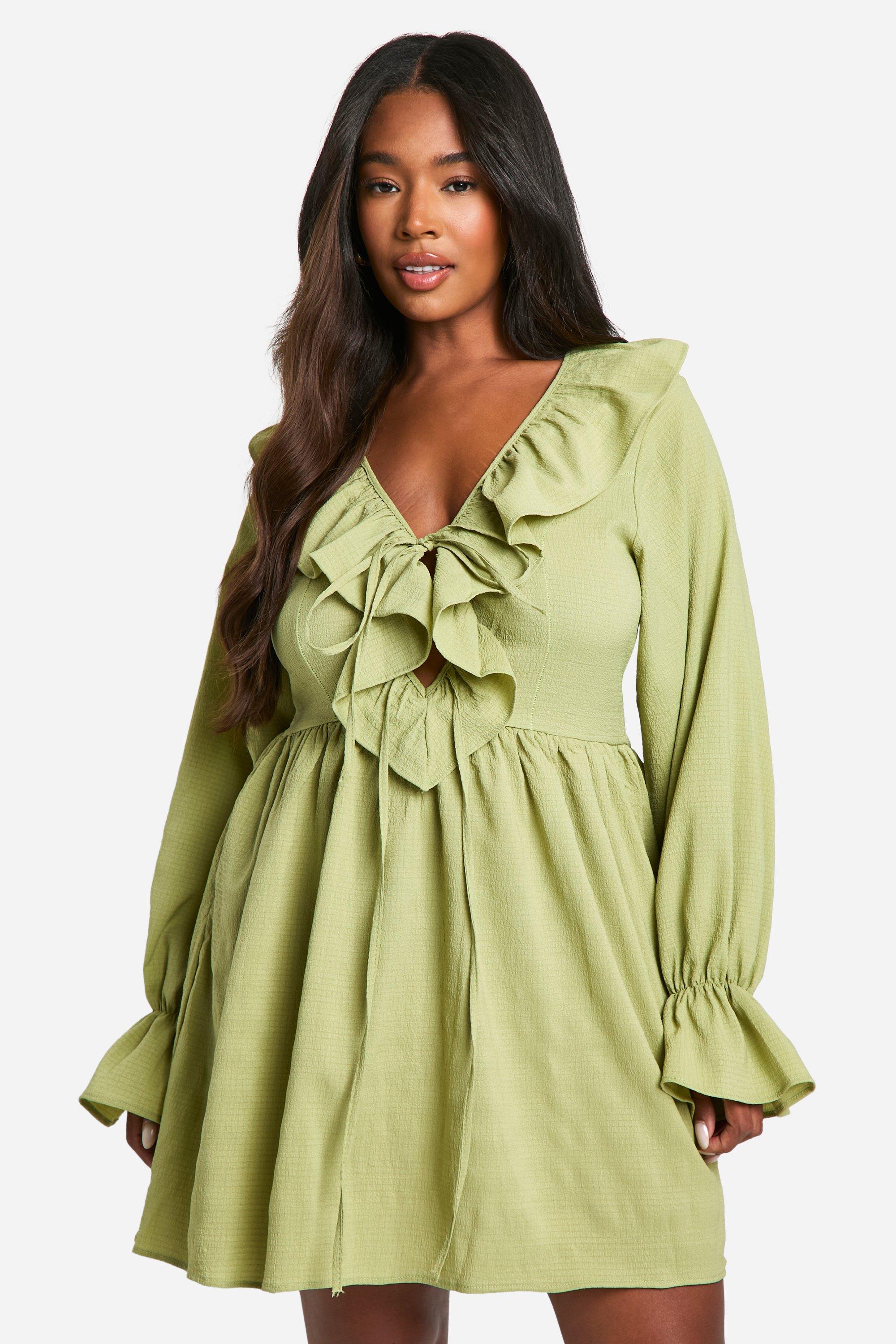 Boohoo Plus Textured Woven Frill Skater Dress, Olive
