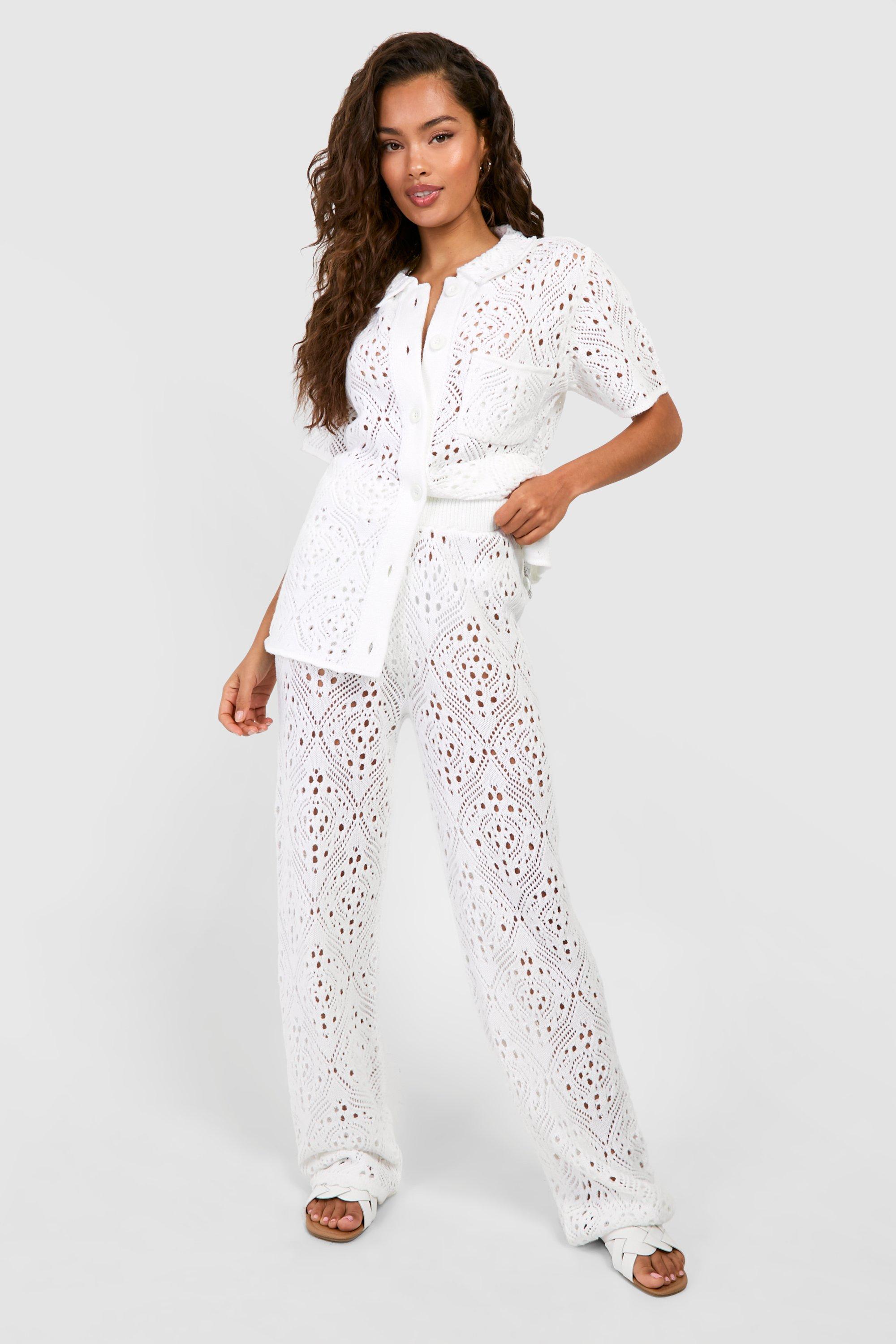 Image of Crochet Knitted Shirt Co-ord, Bianco