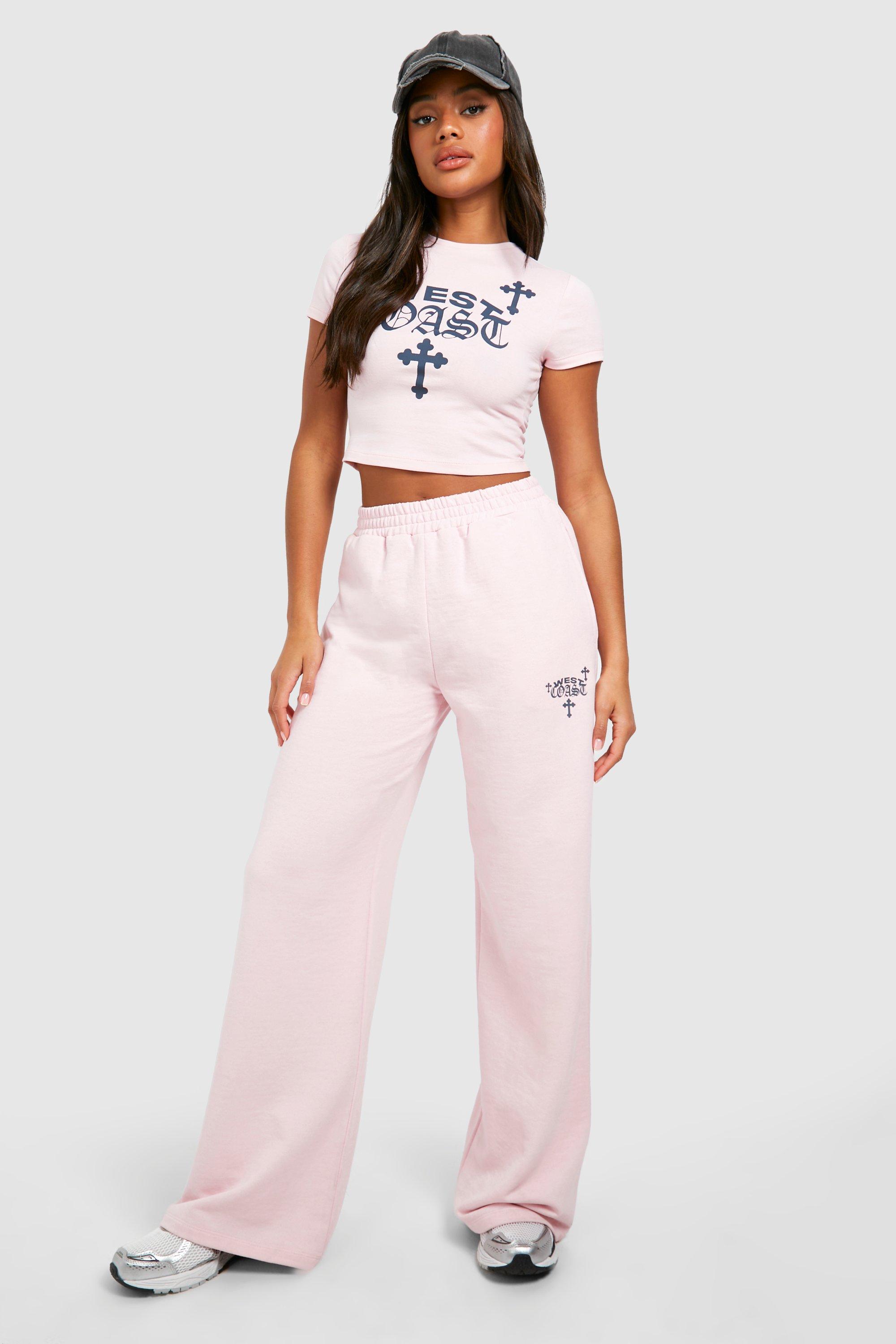 Image of West Coast Cross Print Baby Tee And Straight Leg Jogger Set, Pink