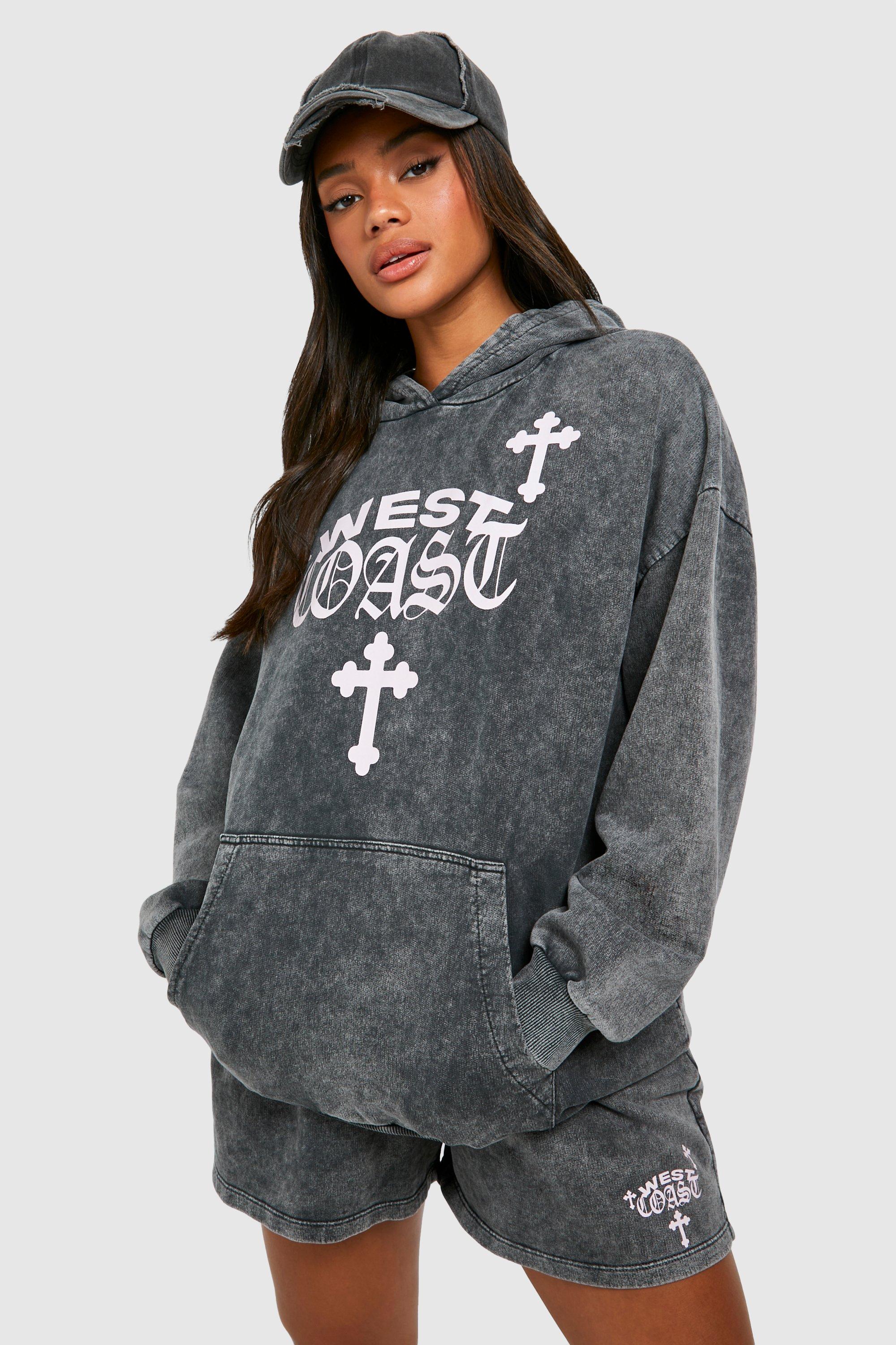 Image of West Coast Cross Print Washed Hooded Short Tracksuit, Grigio