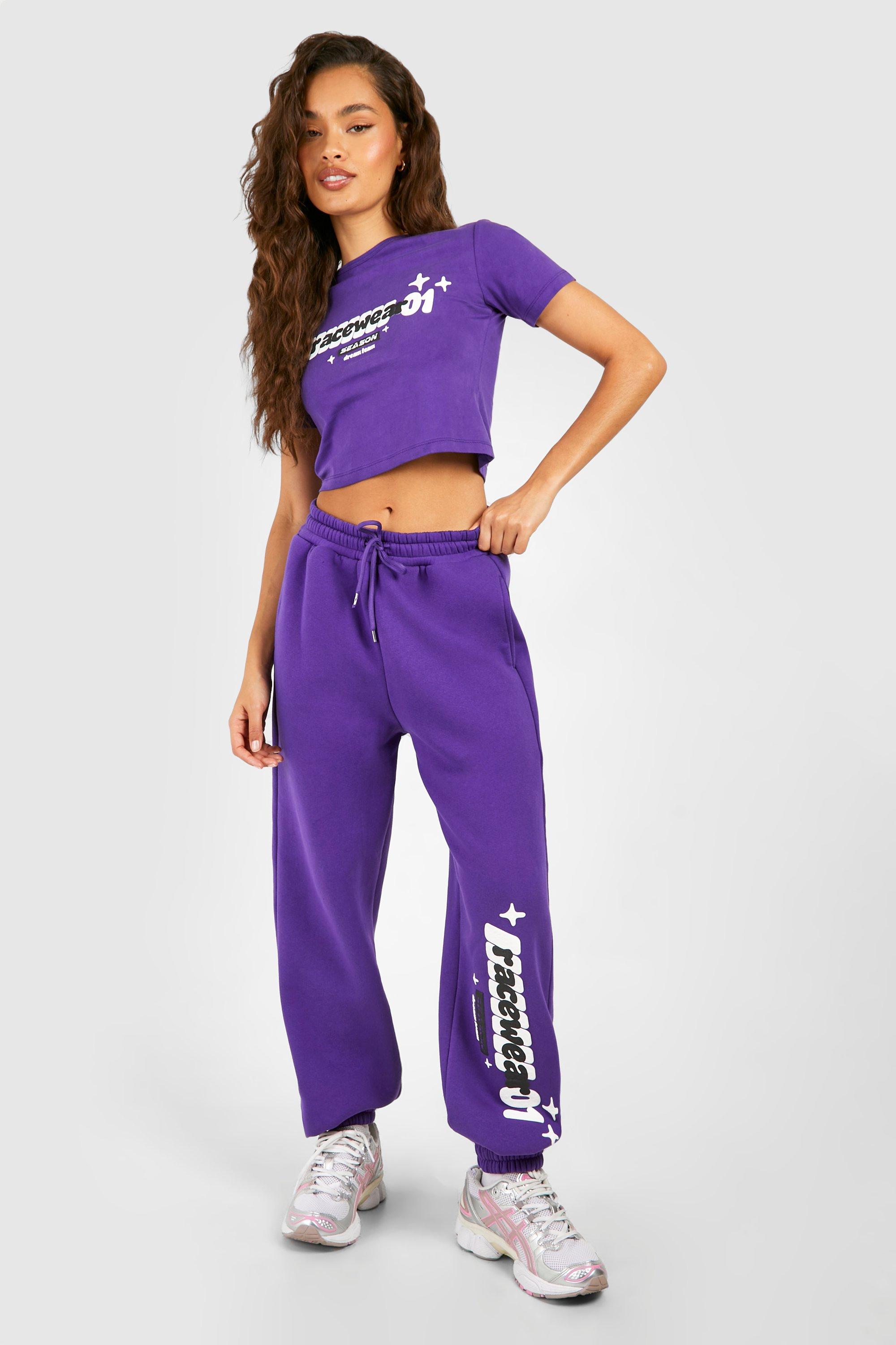 Image of Motorsport Puff Print Fitted T-shirt And Straight Leg Jogger Set, Purple