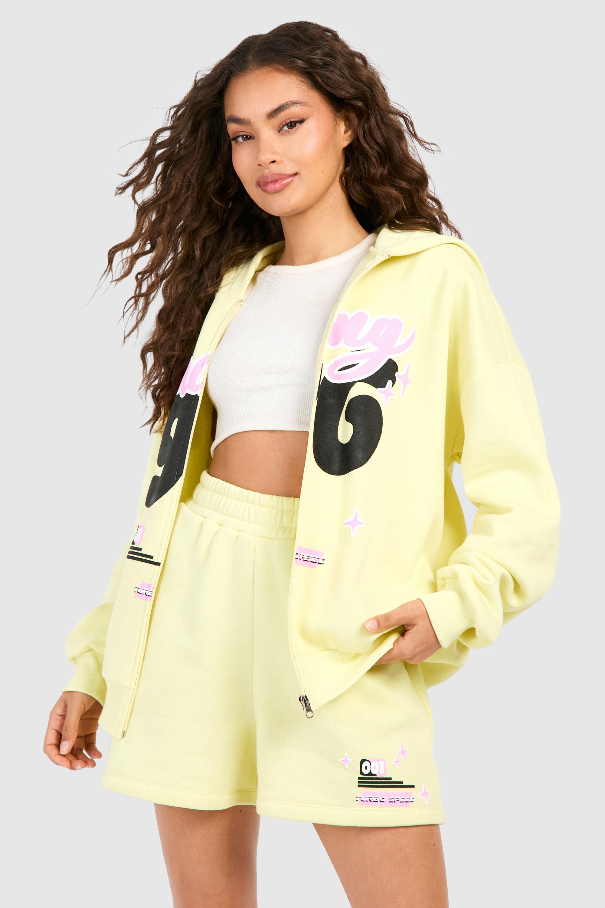 Womens Motorsport Puff Print Zip Through Hooded Tracksuit - Yellow - Xl, Yellow