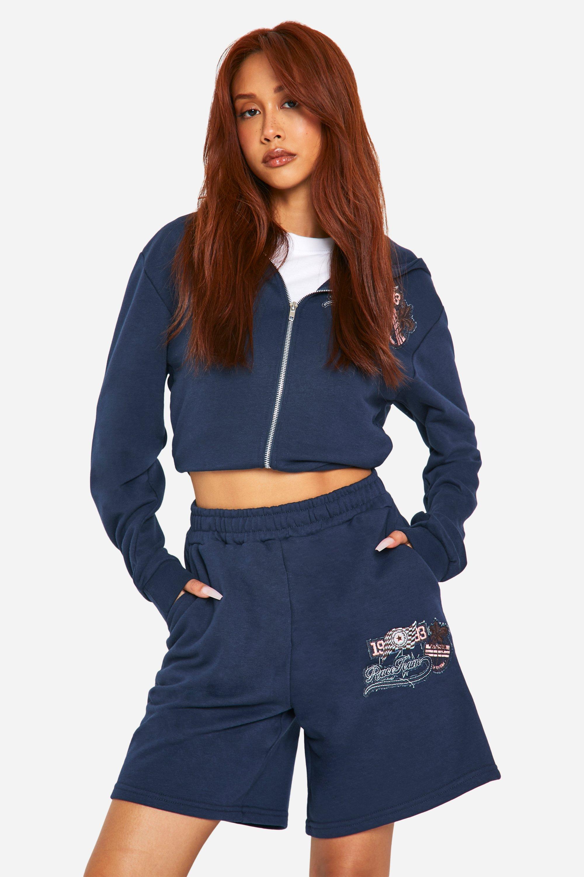 womens motocross applique badge sweat jogger short - navy - xs, navy