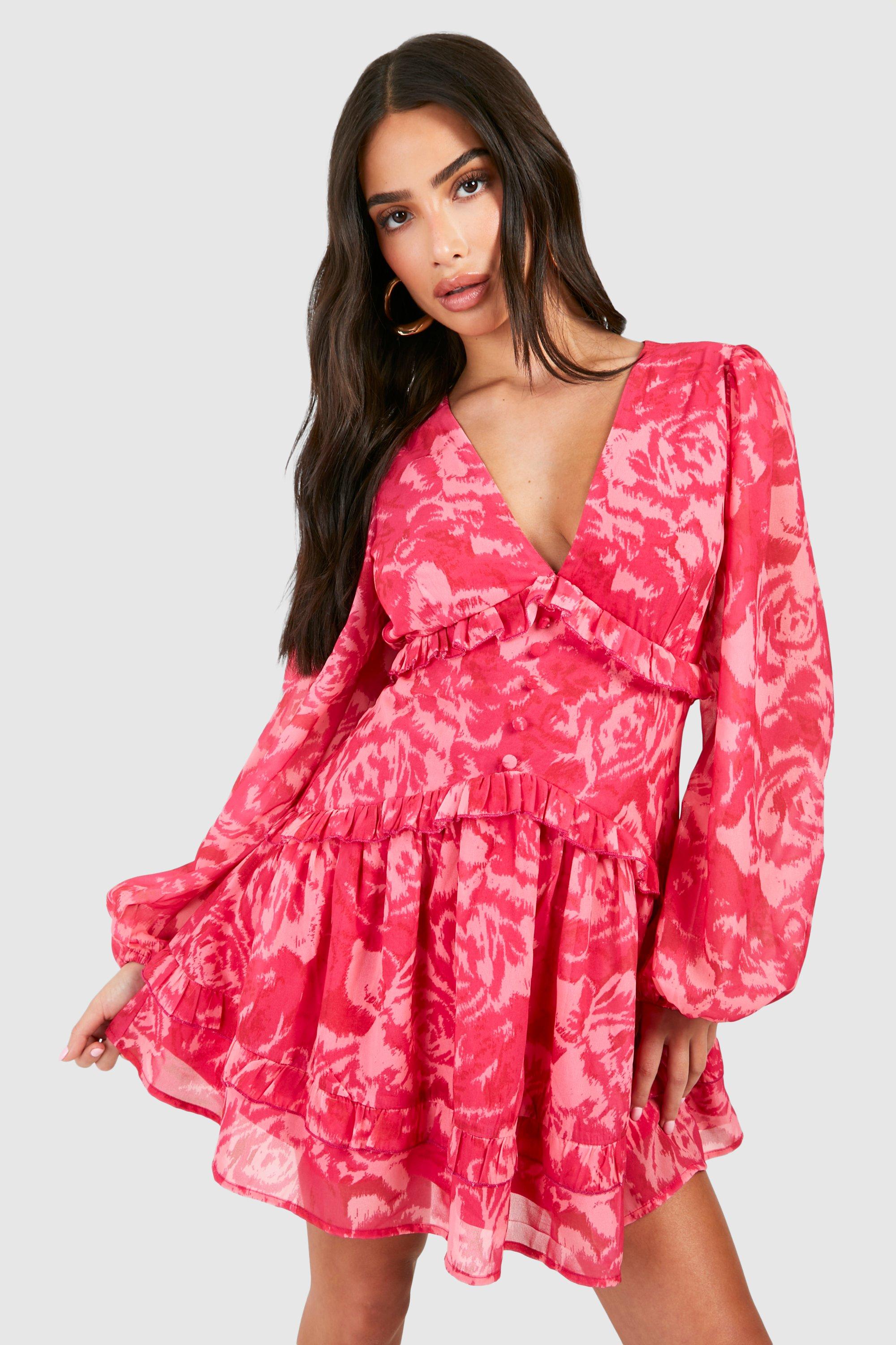 Boohoo Petite Floral Ruffle Smock Mini Dress, Pink