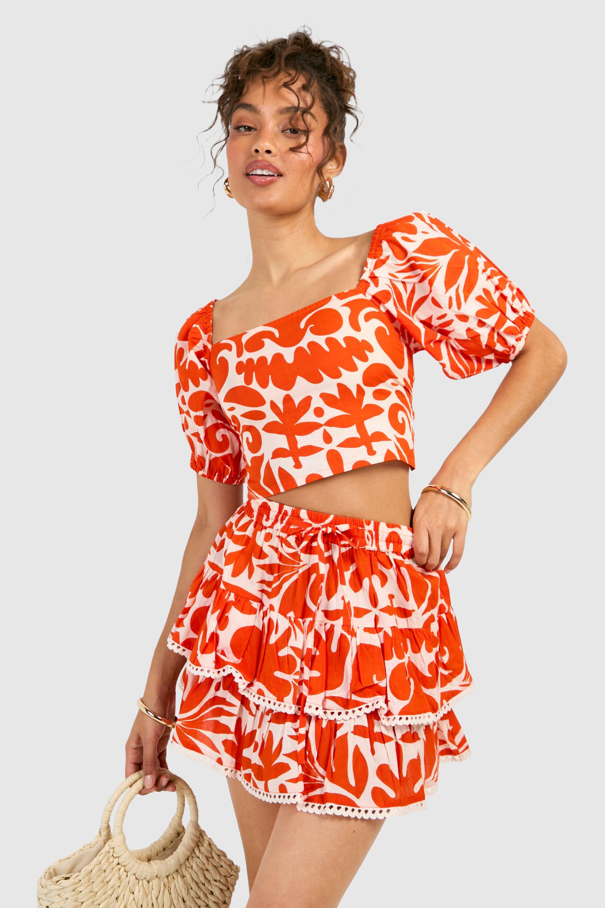 Boohoo Abstract Cotton Crochet Trim Rara Skirt, Orange