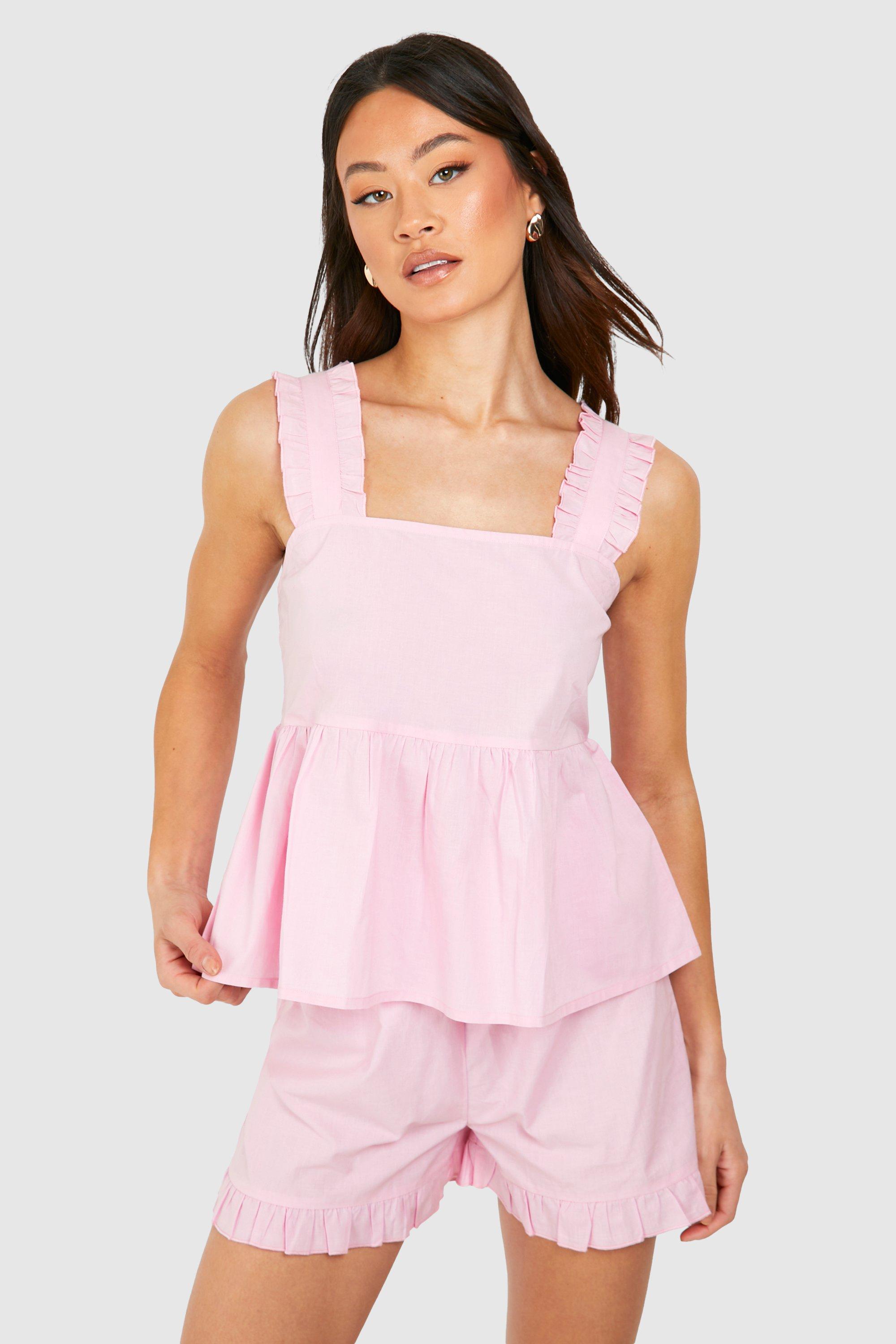 Womens Tall Ruffle Detail Poplin Pj Set - Pink - 18, Pink