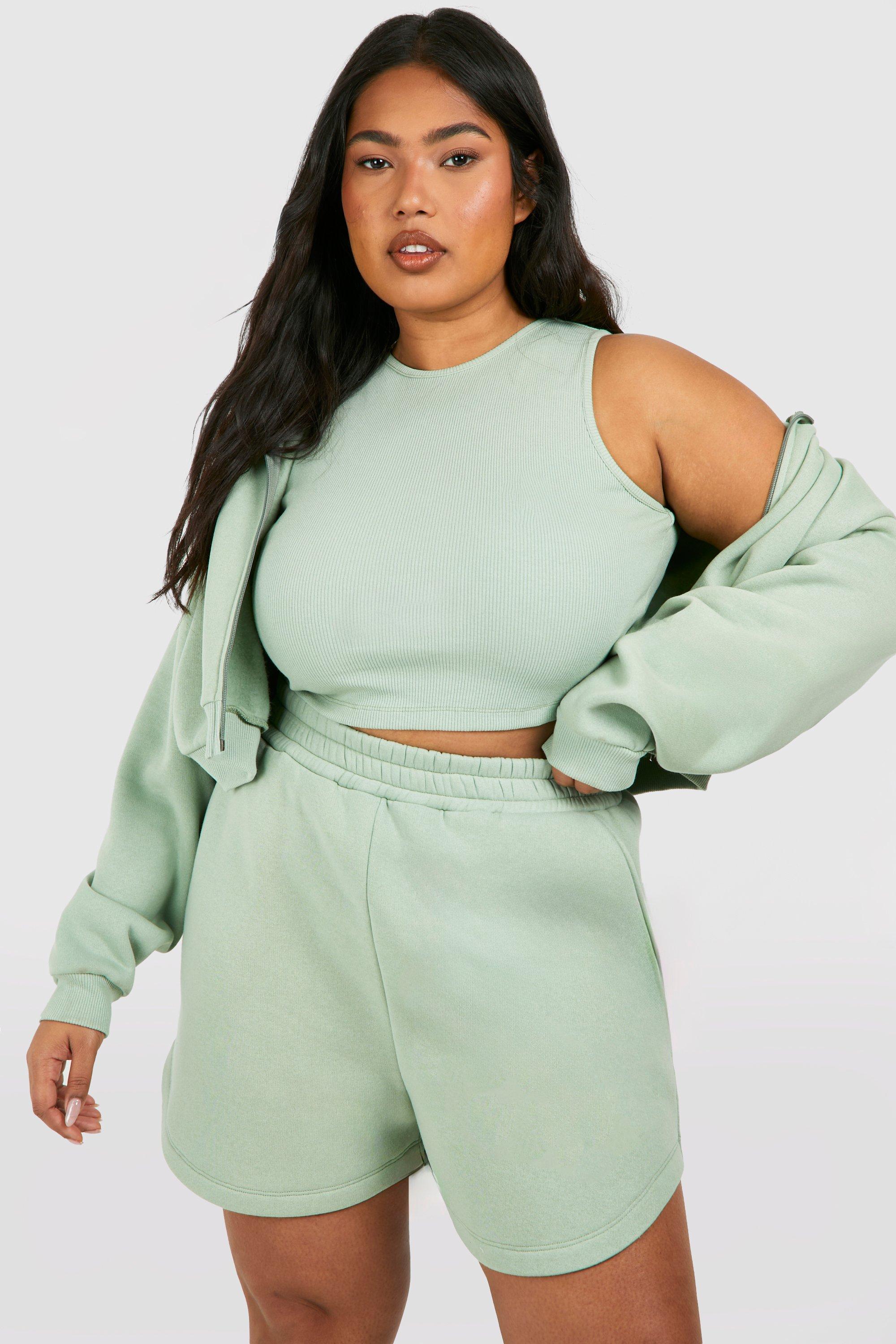 Womens Plus Deep Hem Crop Zip Through 3Pc Tracksuit - Green - 26, Green