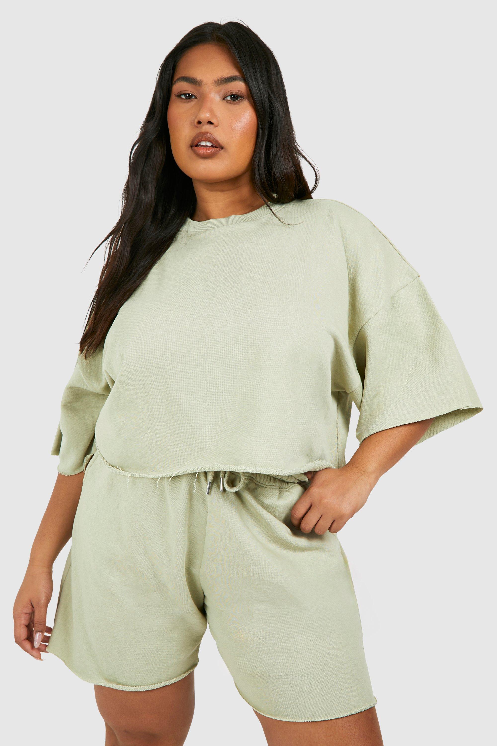 Womens Plus Short Sleeve Crop Sweatshirt And Short Set - Green - 16, Green