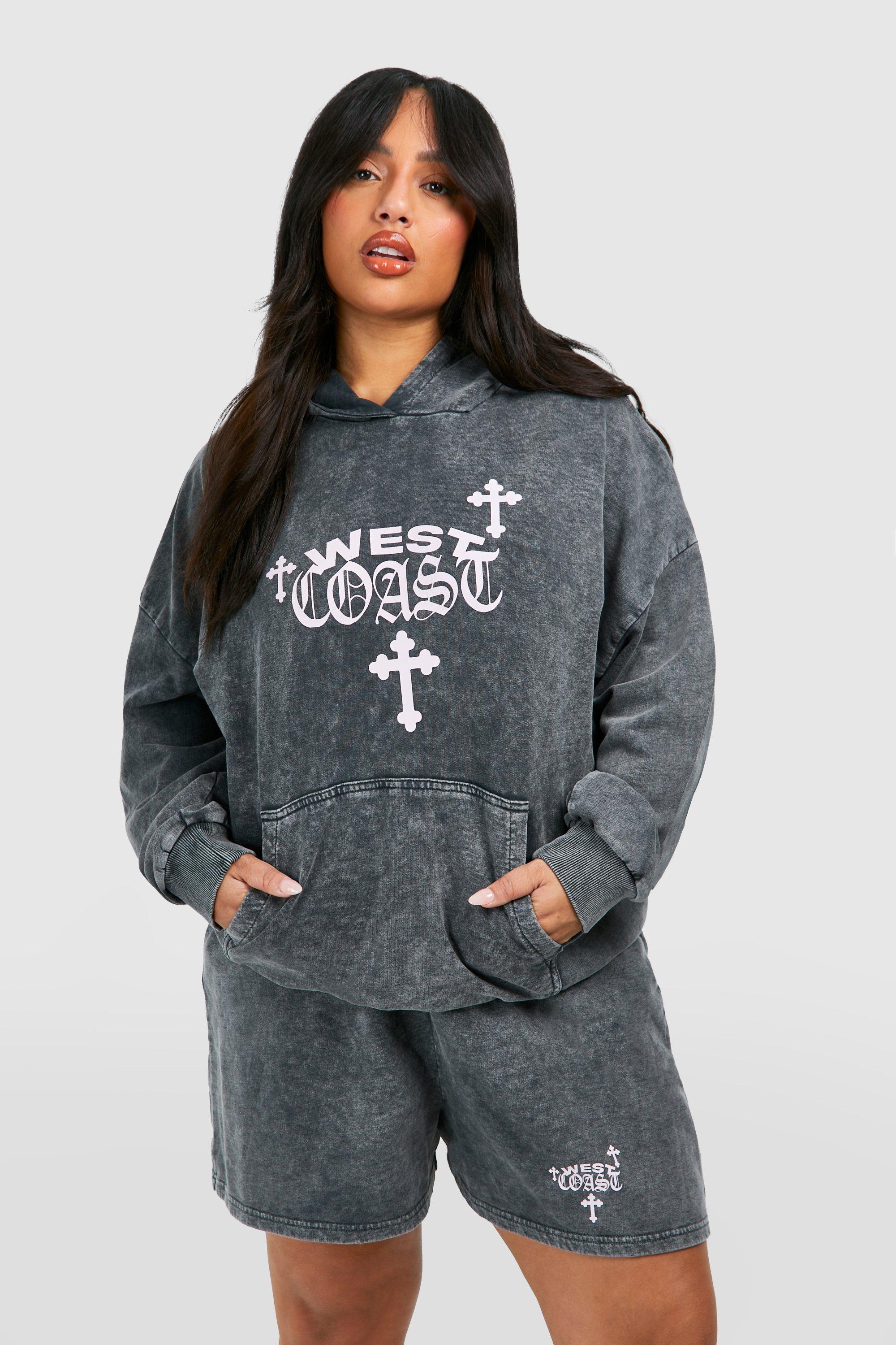 Womens Plus West Coast Cross Print Washed Hooded Short Tracksuit - Grey - 18, Grey