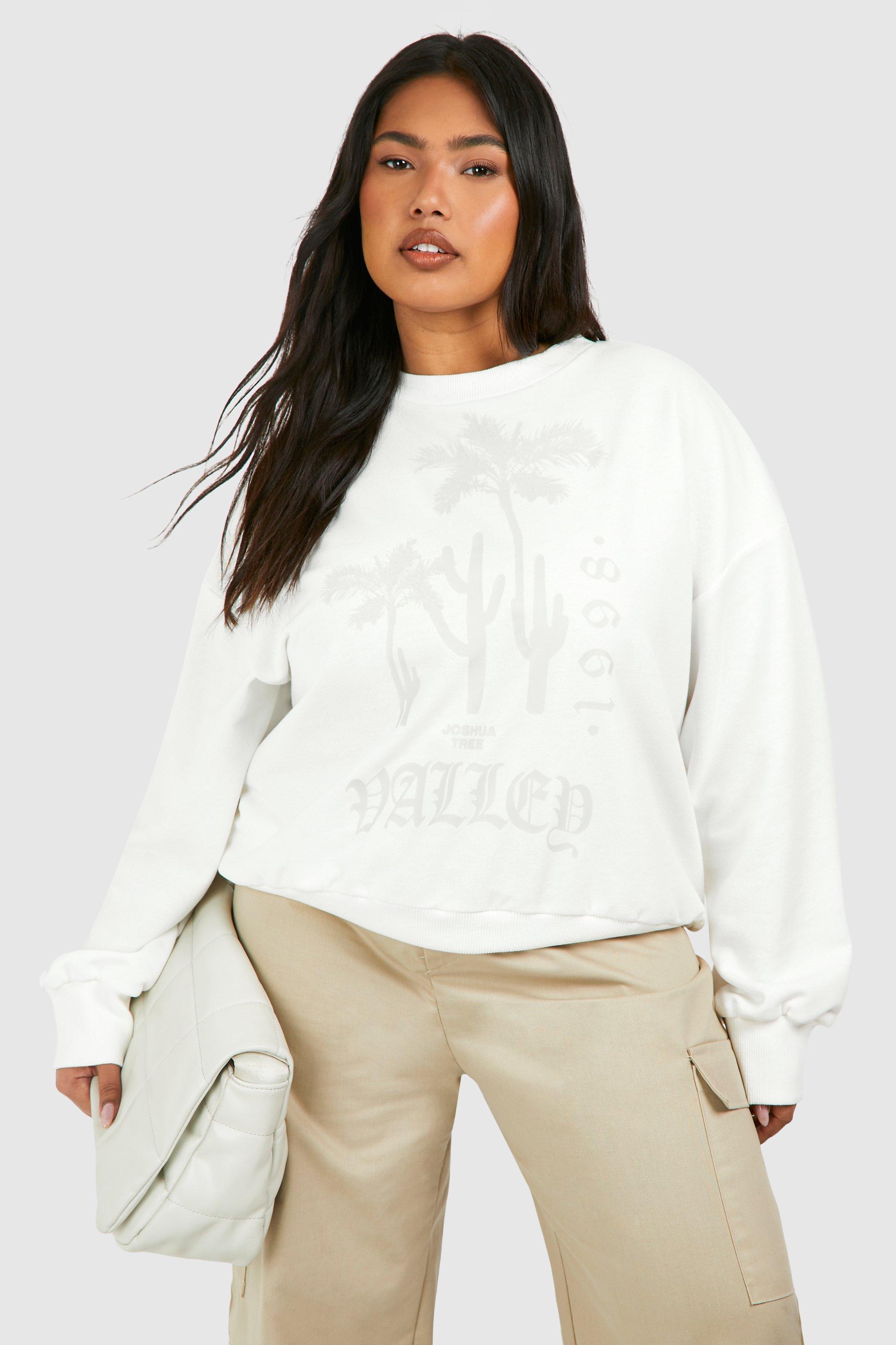 Image of Plus Palm Print Slogan Oversized Sweatshirt, Cream