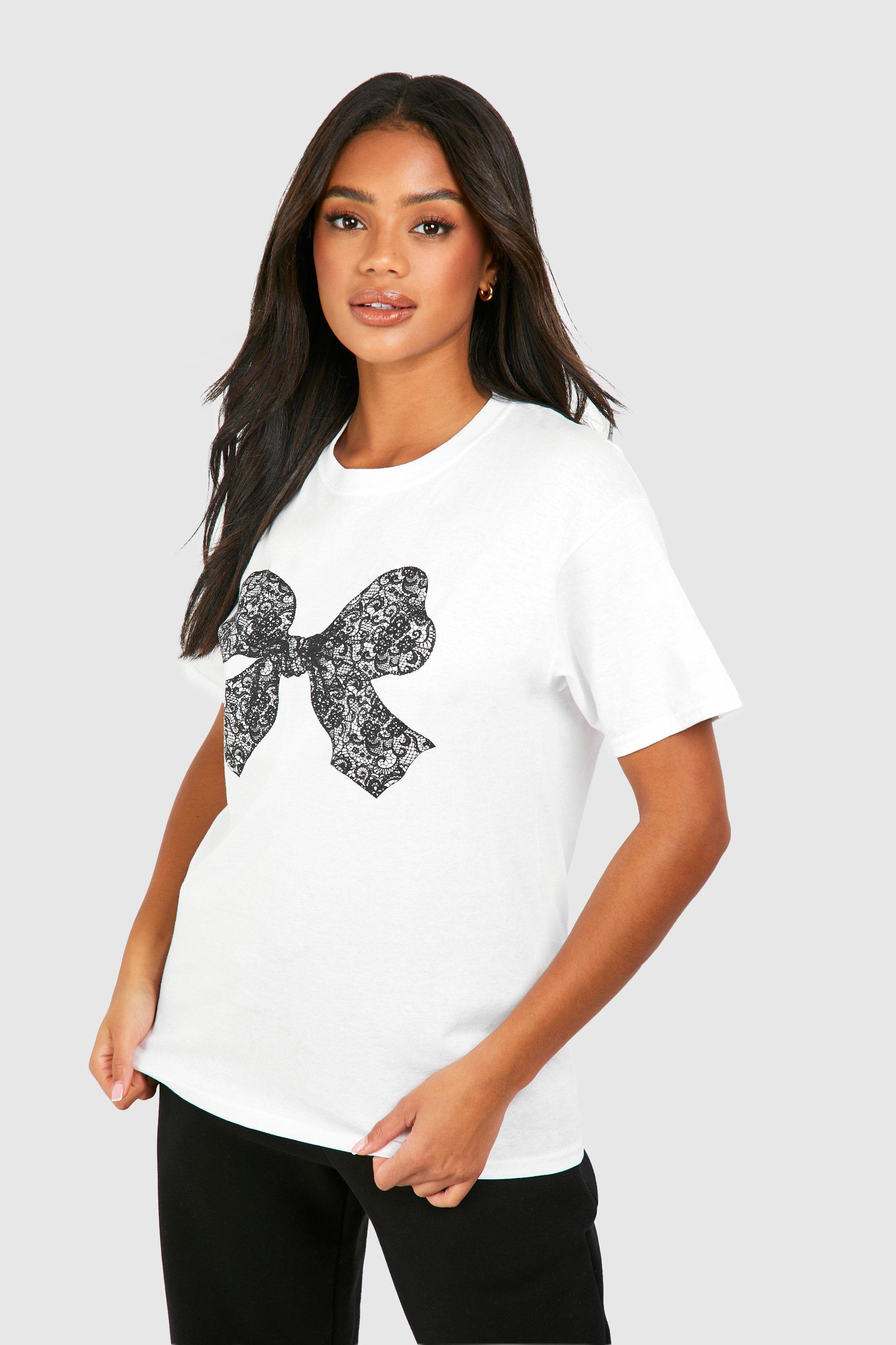 Image of Lace Bow Printed Oversized T-shirt, Bianco
