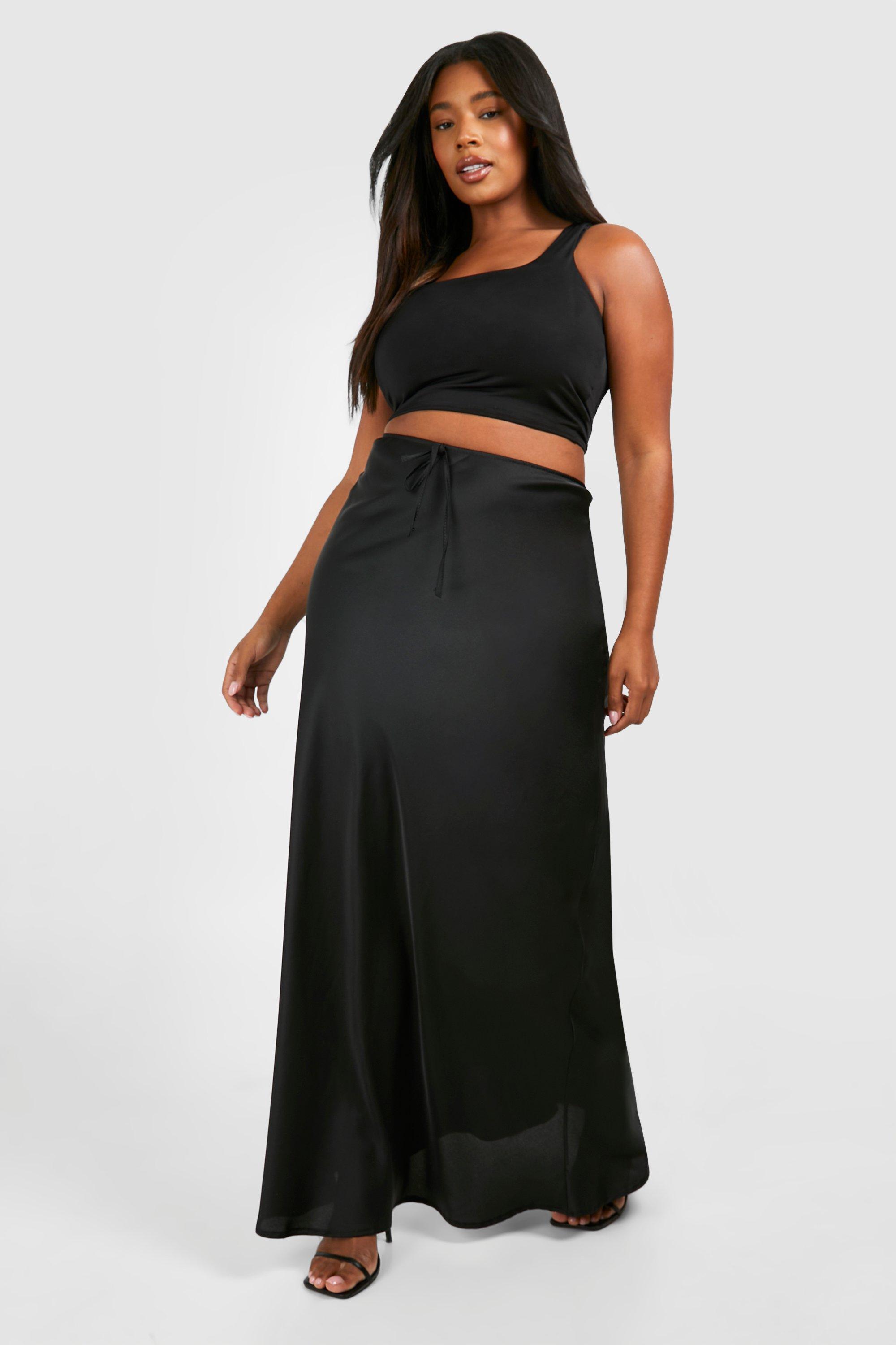 Image of Gonna maxi Plus Size in raso con laccetti, Nero