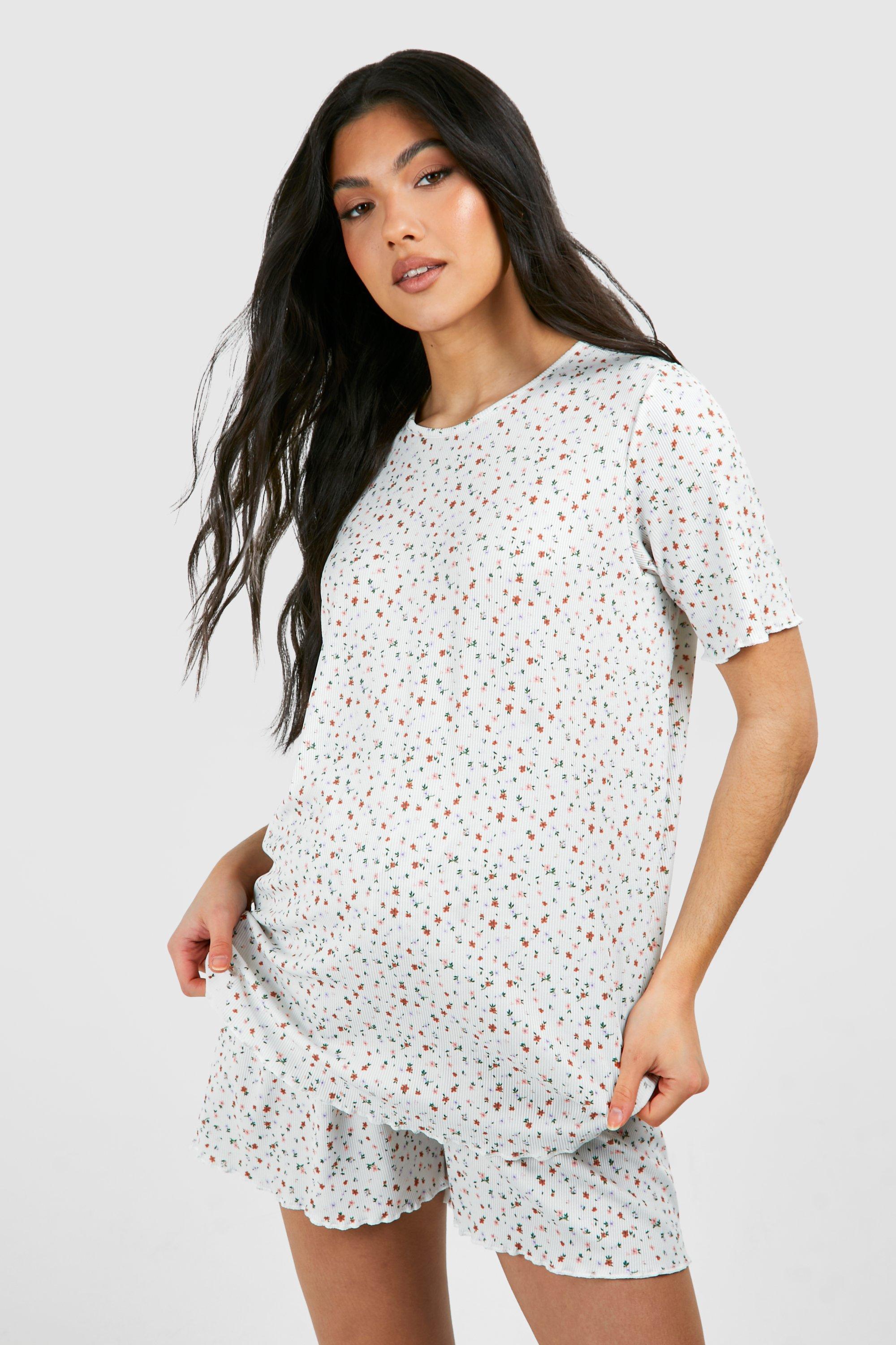 Maternity Ribbed Ditsy Floral Print Pyjama Short Set - White - 16