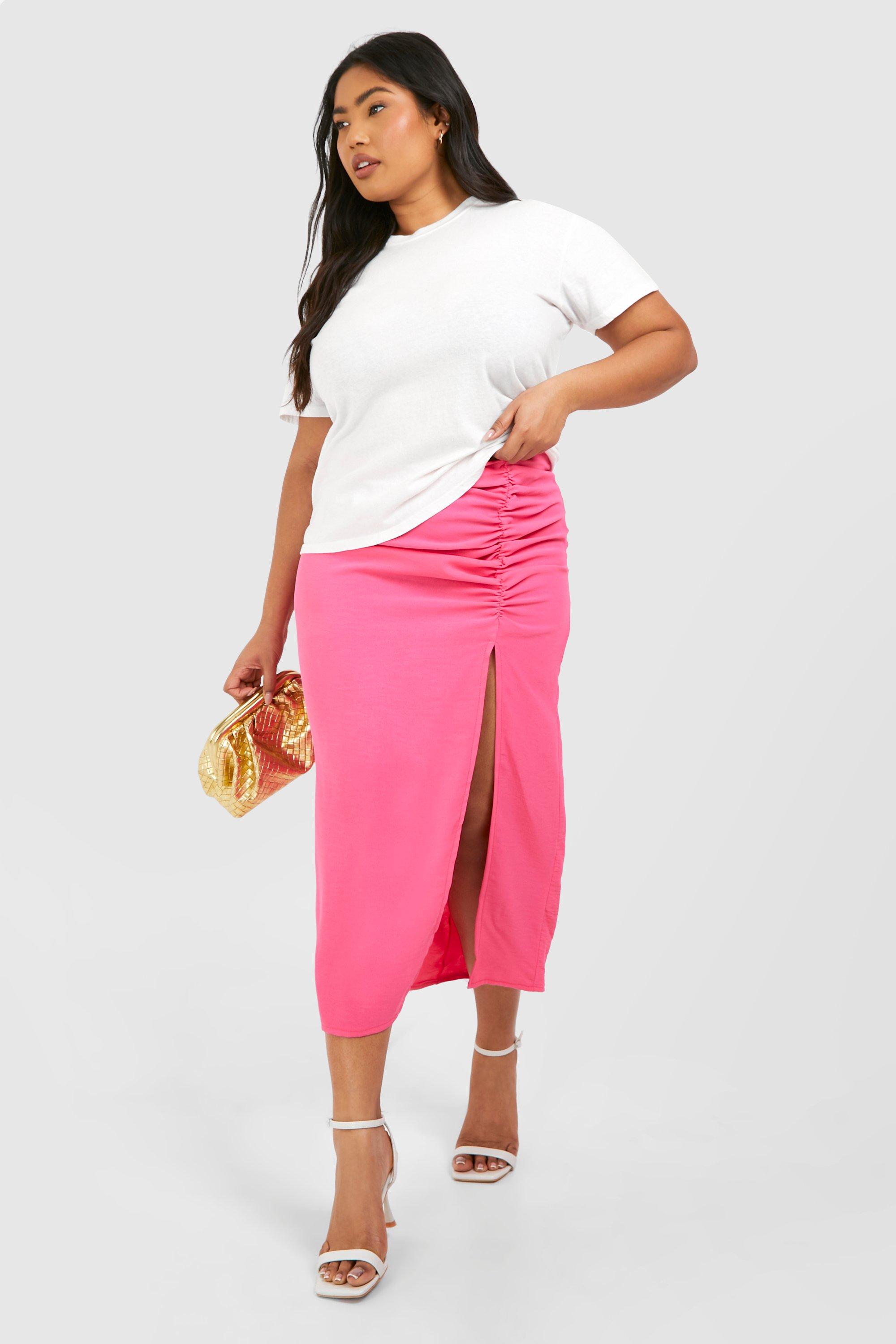Image of Plus Textured Woven Ruched Side Split Midaxi Skirt, Pink