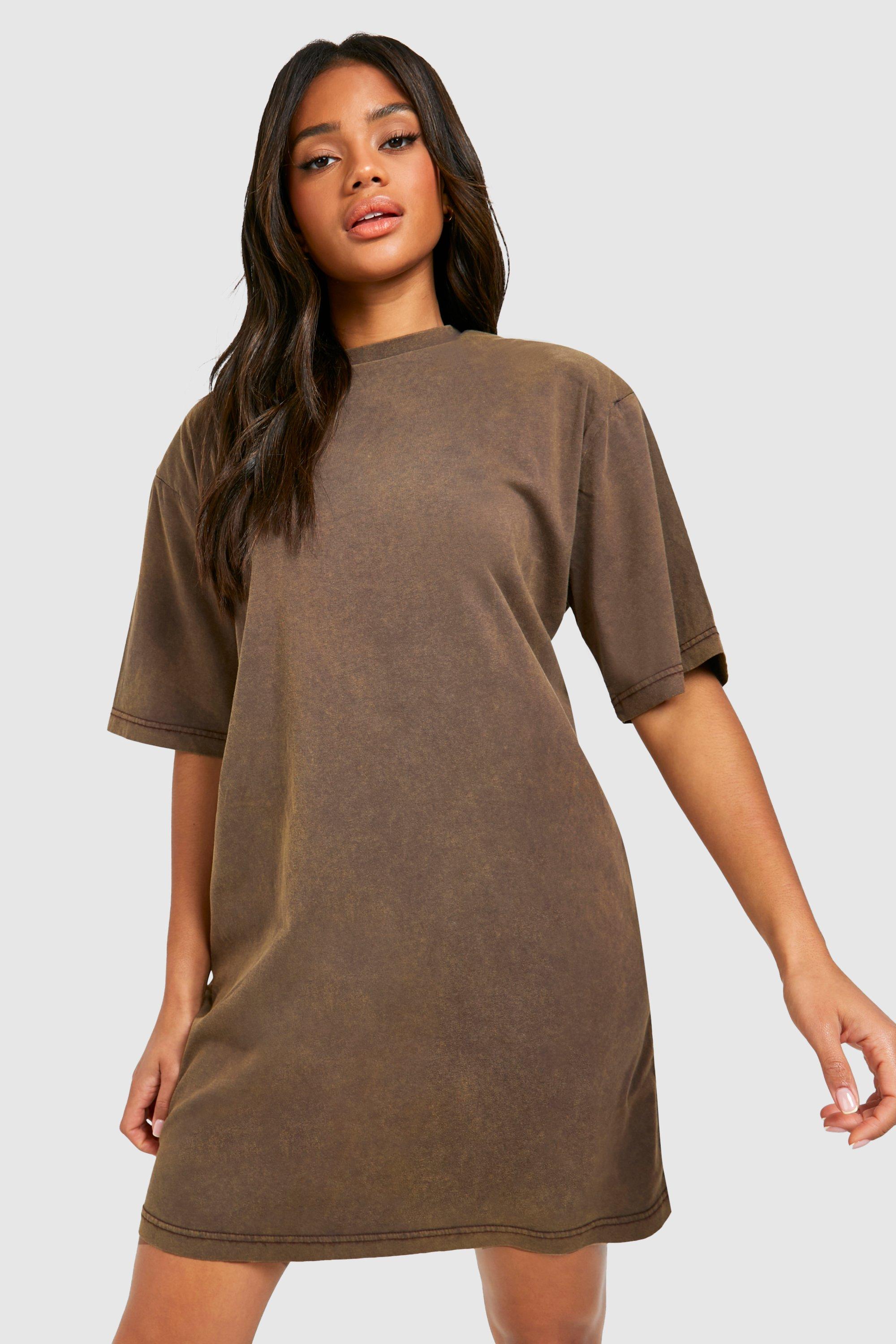 Image of Acid Wash Shoulder Pad T-shirt Dress, Brown