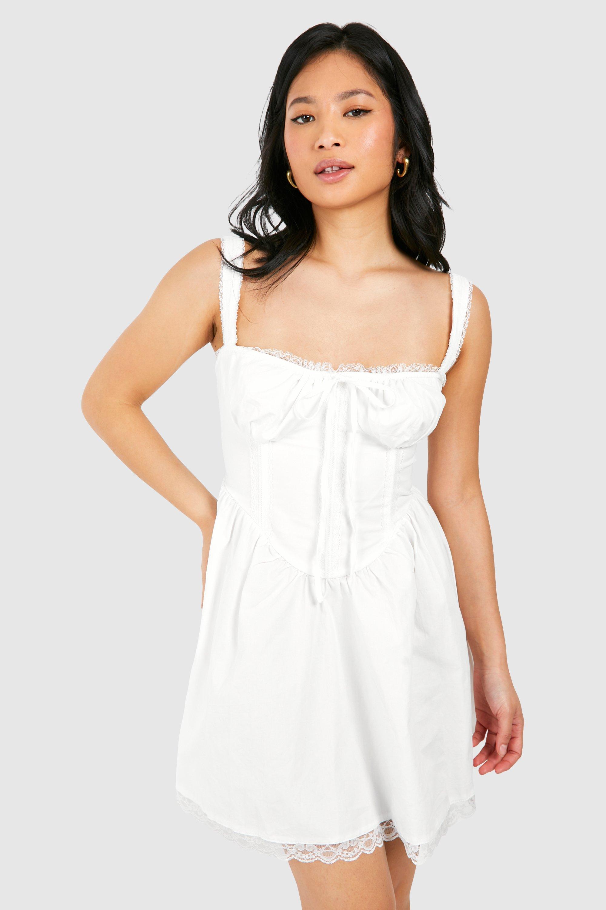 Boohoo Petite Cotton Strappy Milkmaid Mini Dress, White