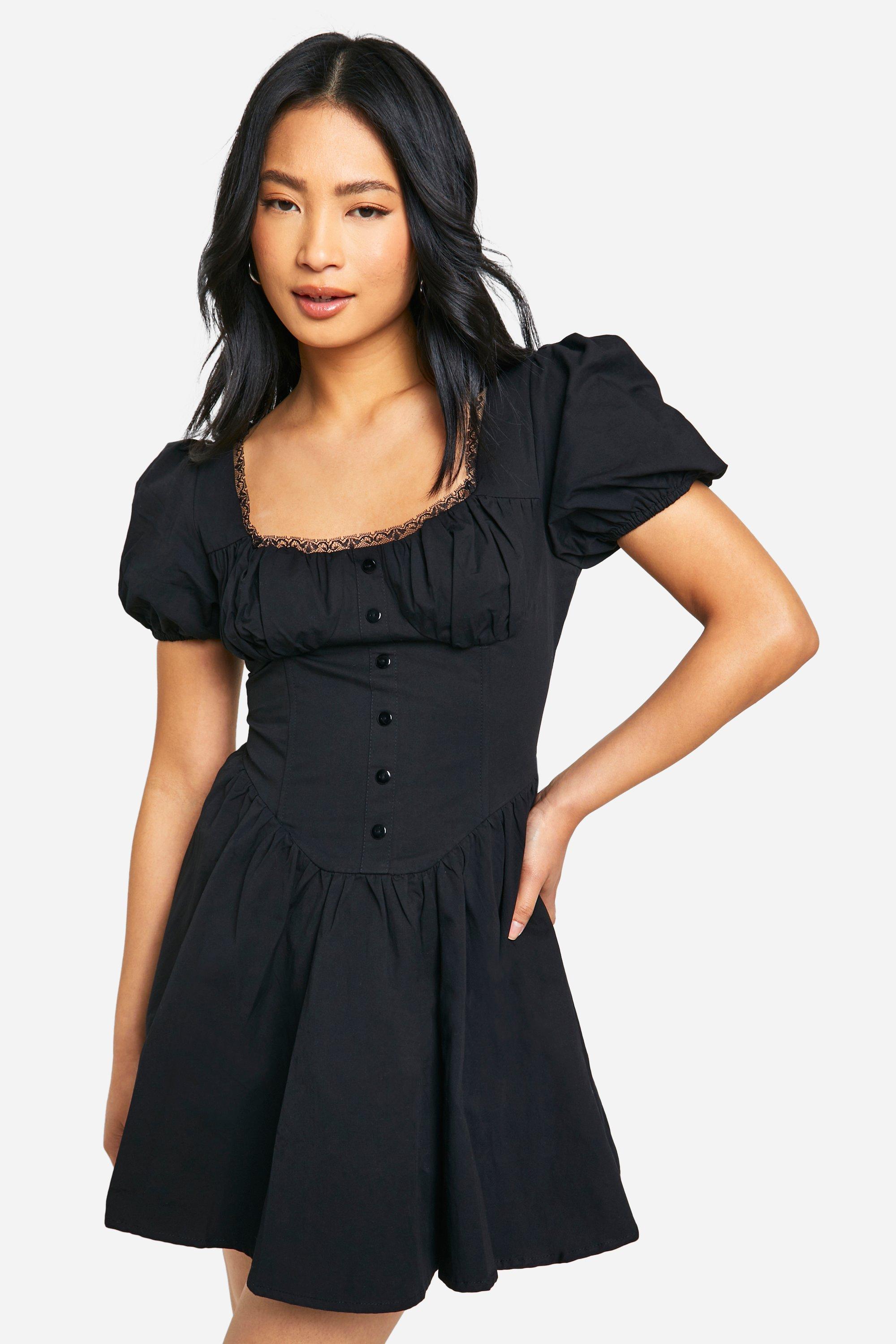 Boohoo Petite Cotton Puff Sleeve Milkmaid Mini Dress, Black