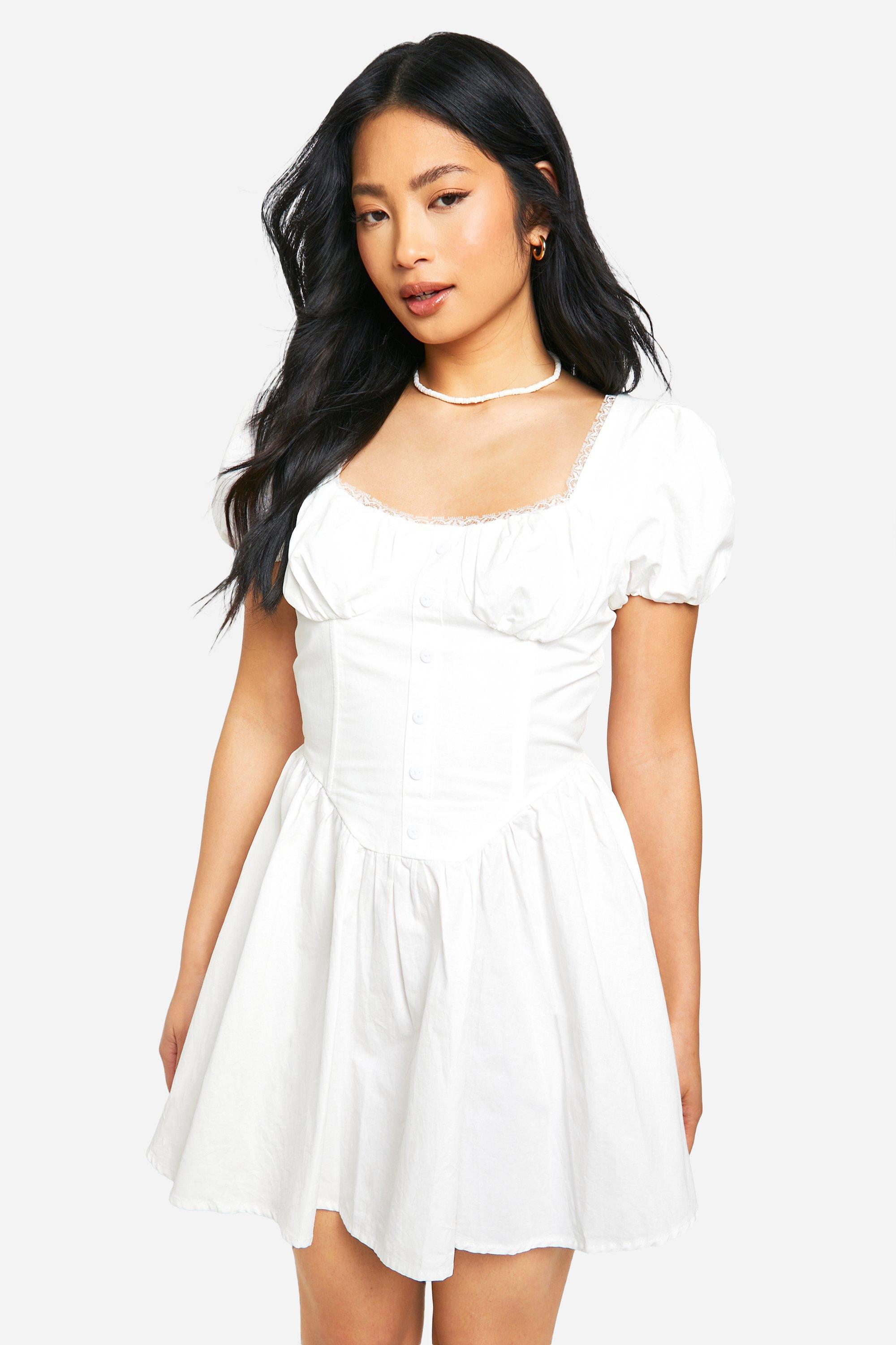Boohoo Petite Cotton Puff Sleeve Milkmaid Mini Dress, White