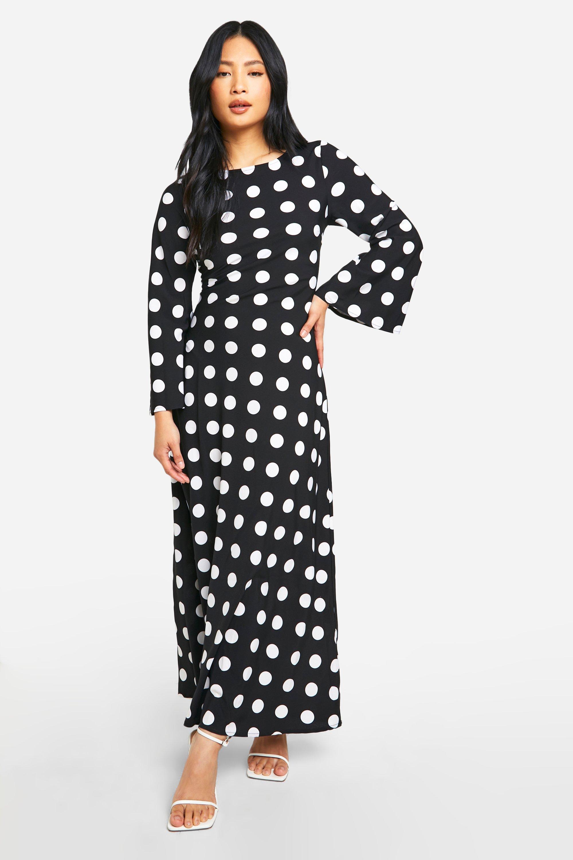 Image of Petite Polkadot Print Flare Sleeve Maxi Dress, Nero