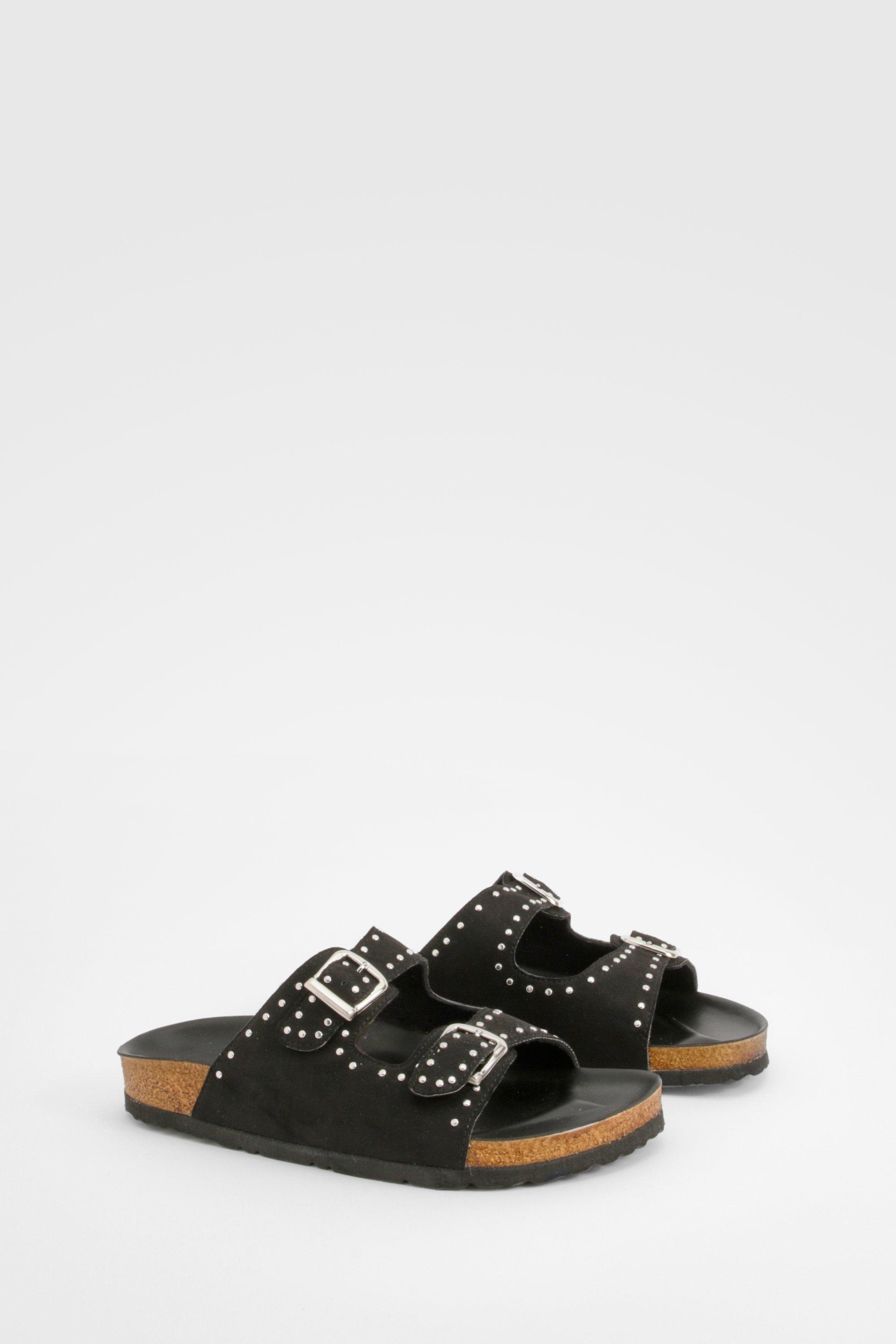 Image of Wide Fit Studded Double Buckle Footbed Sliders, Nero
