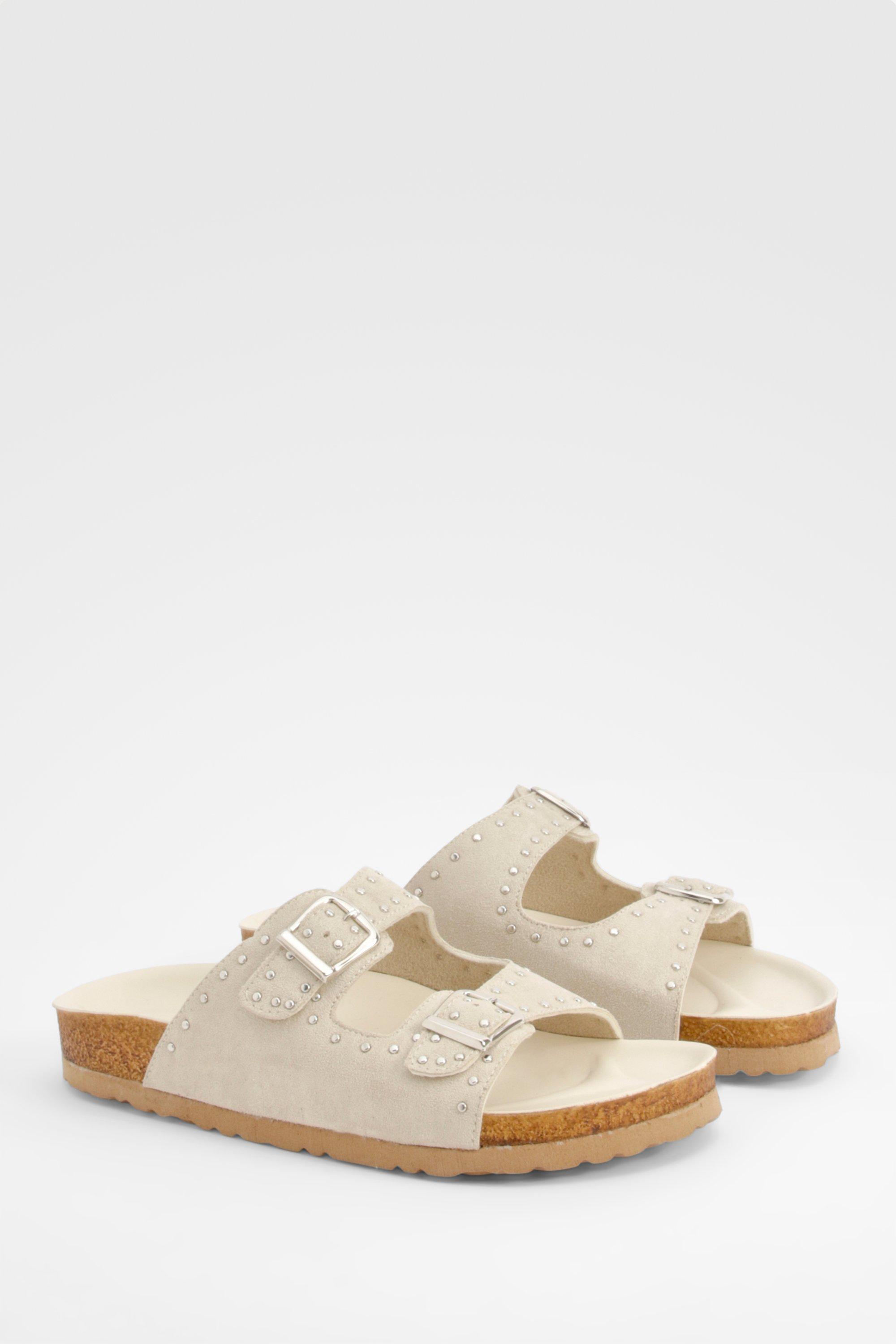 Image of Wide Fit Studded Double Buckle Footbed Sliders, Cream