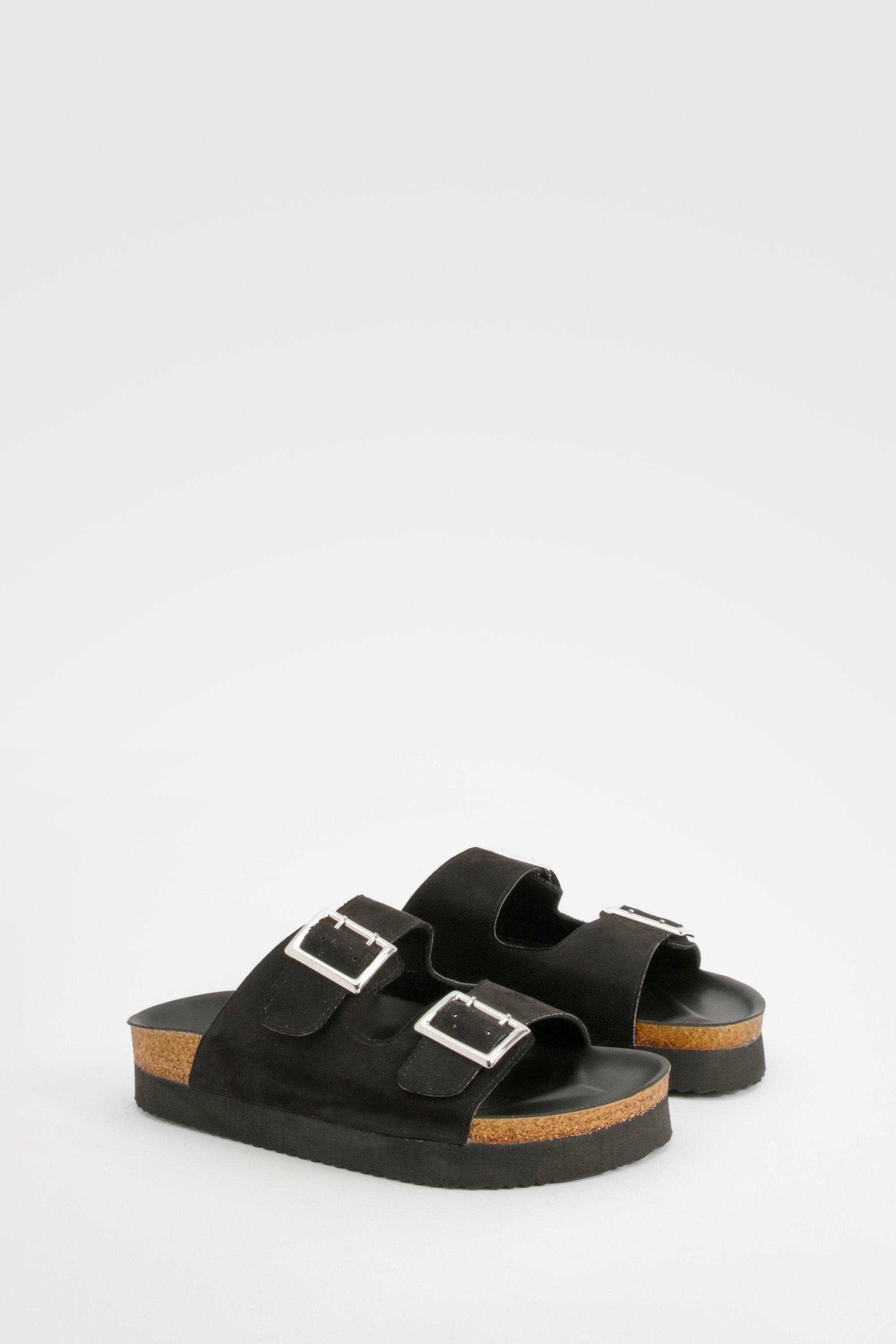 Image of Wide Fit Square Buckle Footbed Sliders, Nero