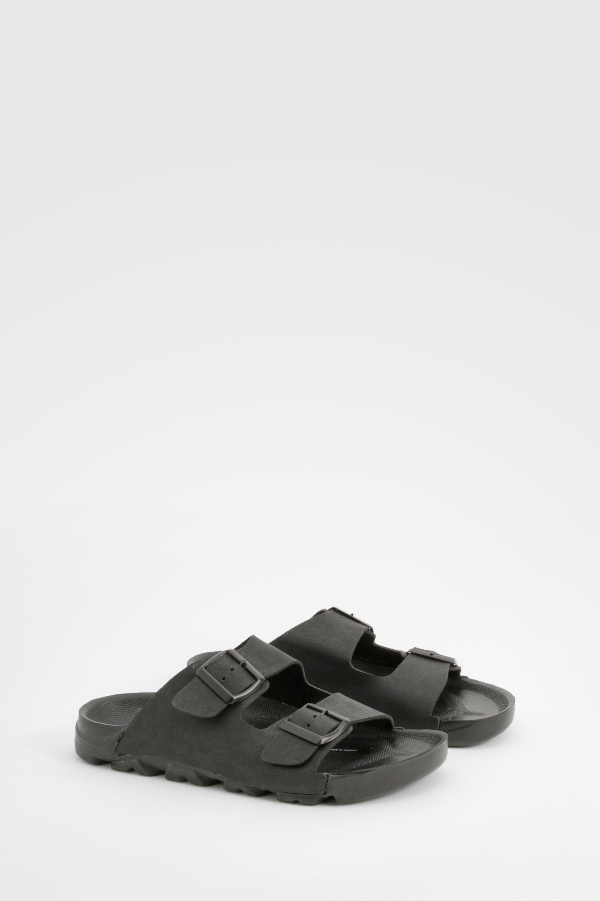 Image of Wide Fit Double Buckle Footbed Sliders, Nero