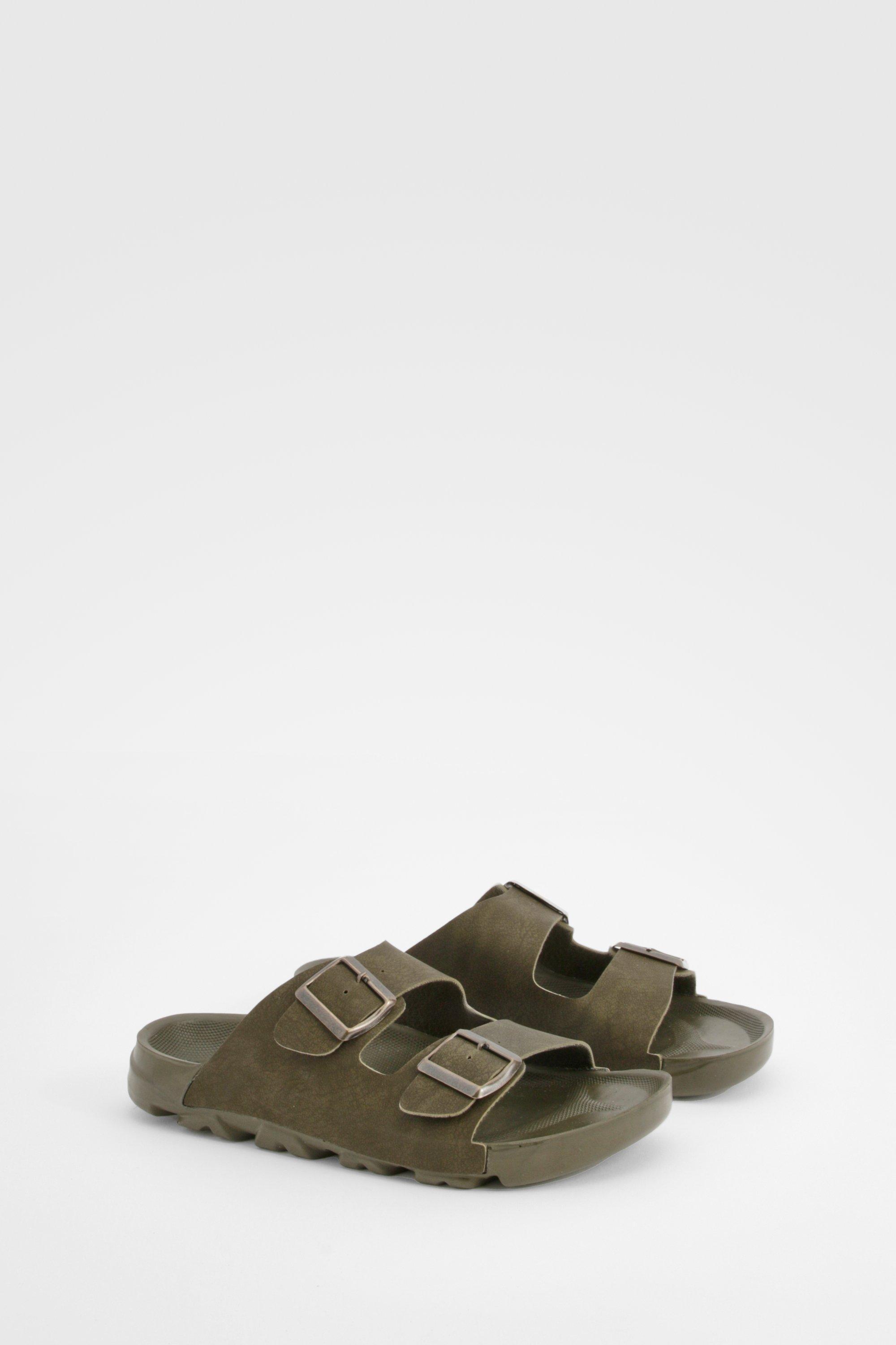 Image of Wide Fit Double Buckle Footbed Sliders, Verde