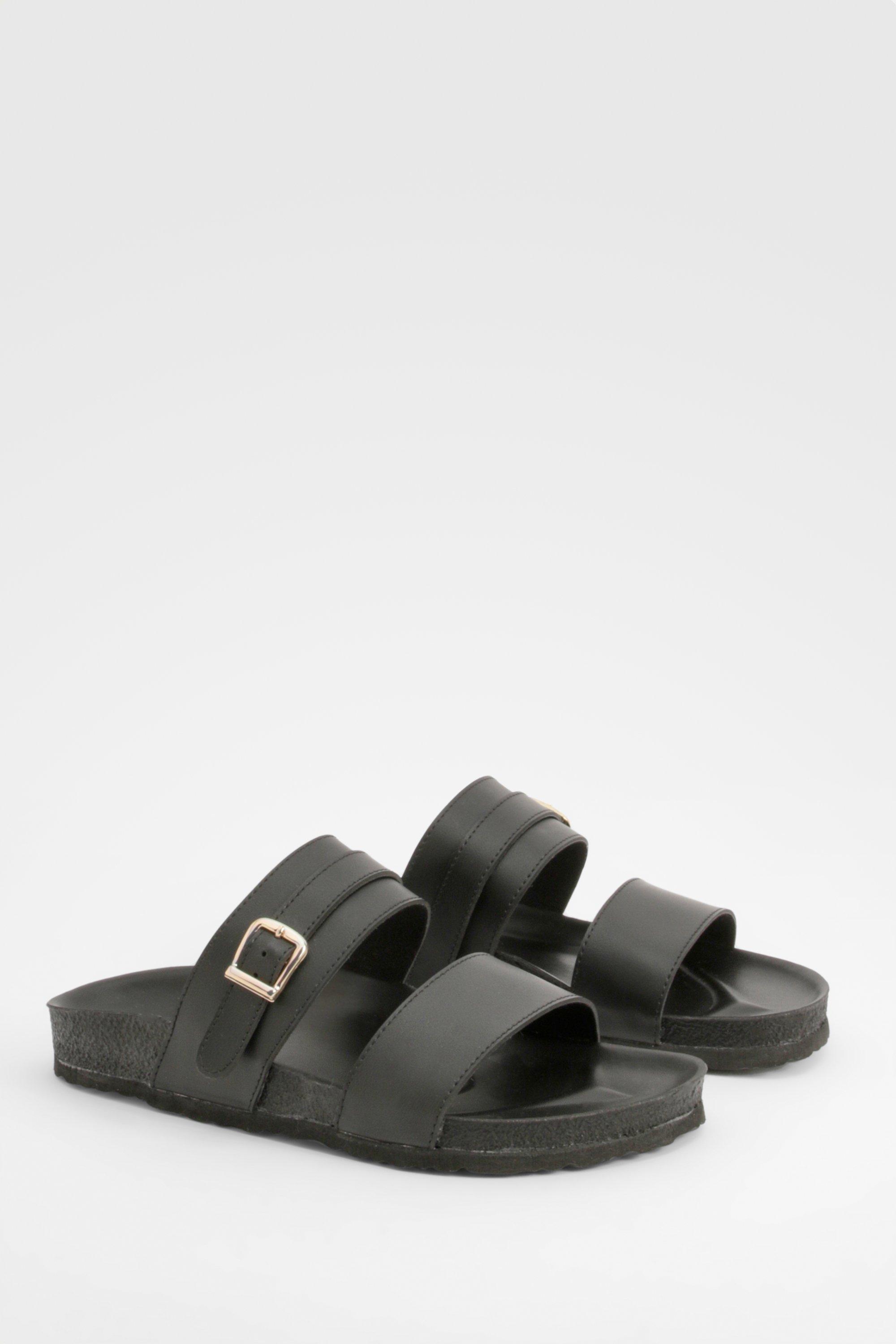 Image of Wide Fit Double Strap Footbed Sliders, Nero